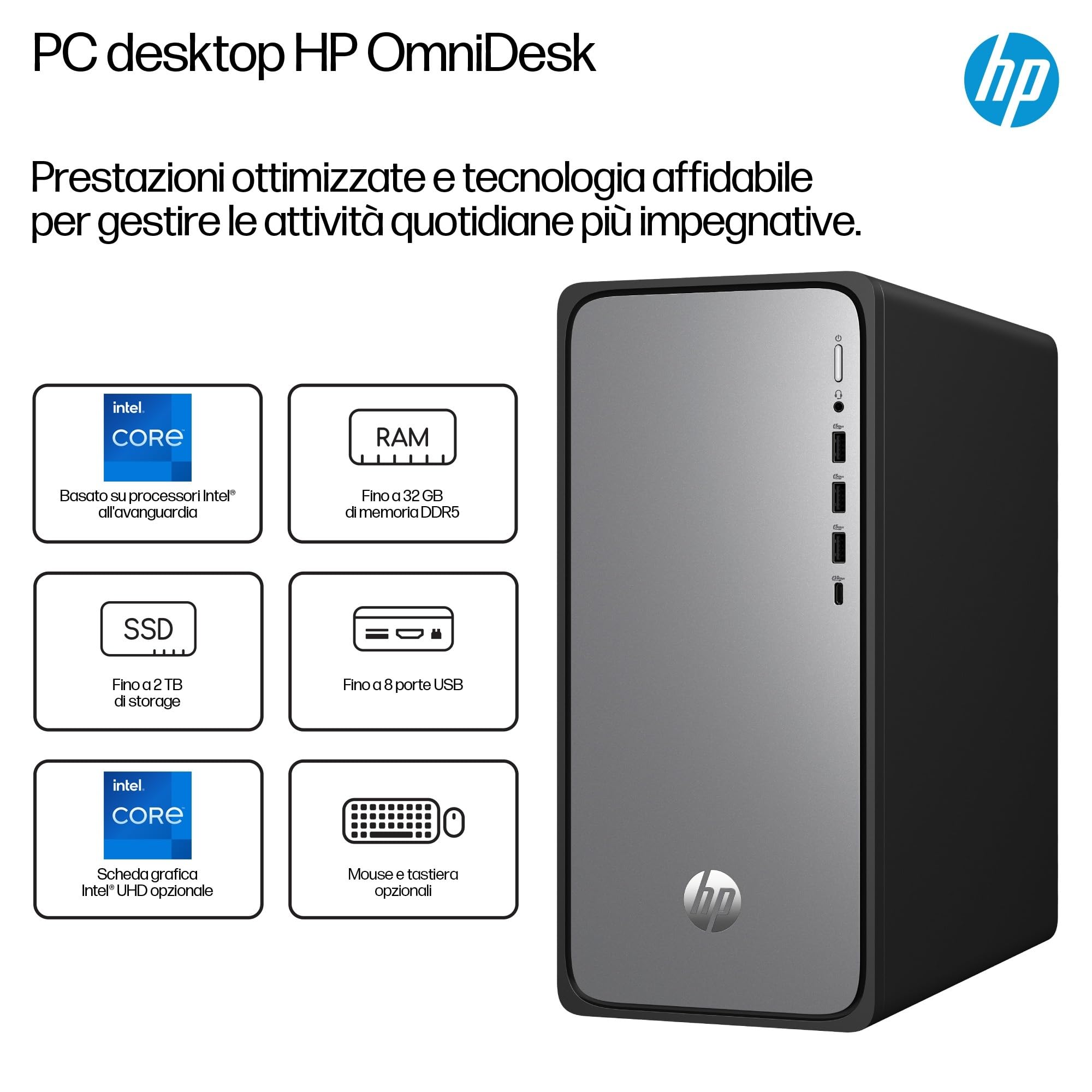 HP OmniDesk M02-0007sl, Desktop, Intel Core i5-14400, Intel Evo, 16GB RAM, 512GB SSD, Grafica Integrata, PSU ad Alta Efficienza, Windows 11 Home, Meteor Silver