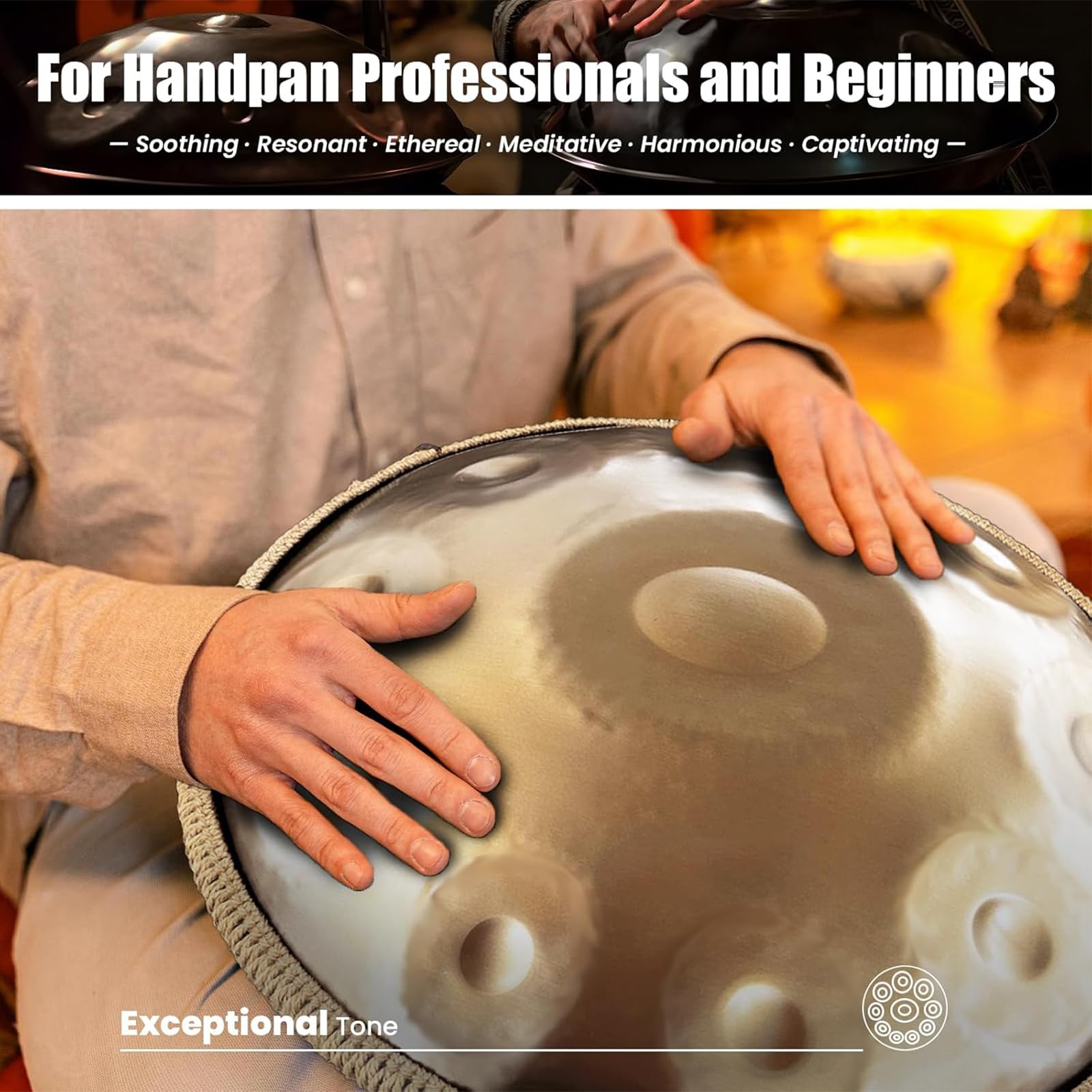 Handpan Anfänger,Stahltrommel 9 Töne 18 Zoll,Stahlzungentrommel Regen,Percussion Instrumente,Hand Drum mit Drumtasche und Handpan-Halter,Steel Drum als Geschenk für Sound Healing, Meditation, Gold