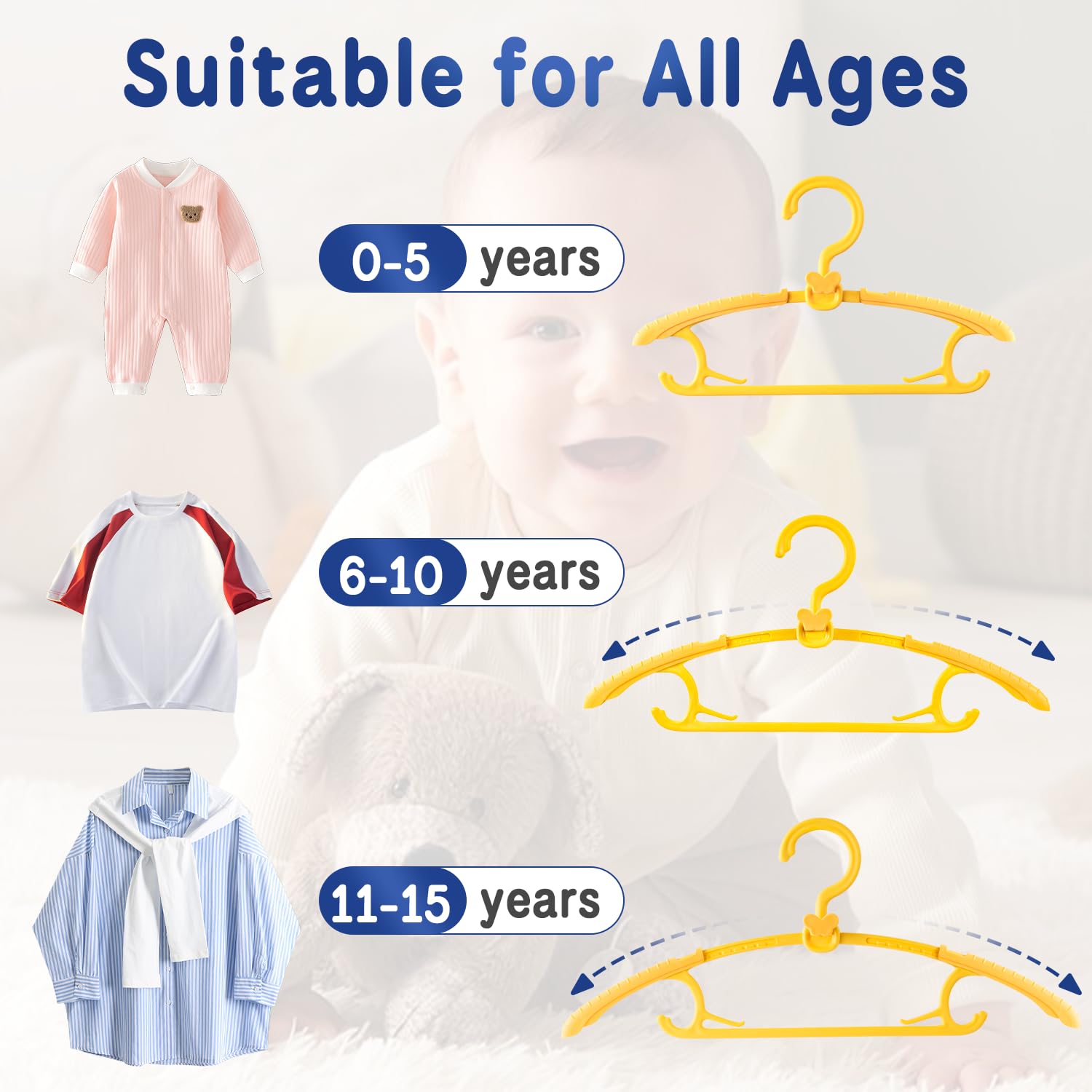 Damita Grucce appendiabiti per Neonato e Bambini – Ganci in Plastica Regolabili da 28 a 39 cm, Antiscivolo e Salvaspazio per Cameretta, con Ganci a farfalla – Giallo Sole (Confezione da 20 pezzi)