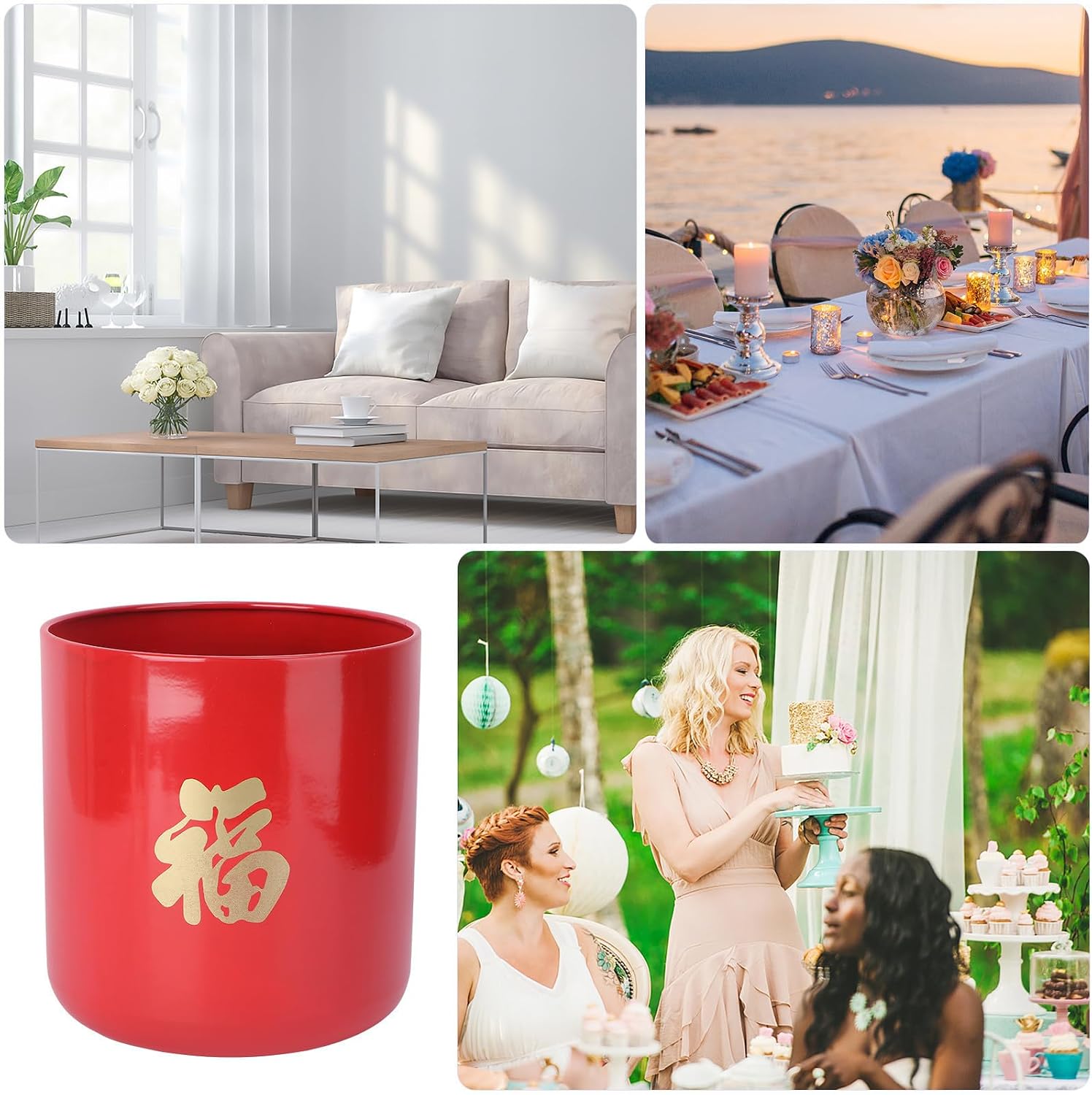 Red Iron Flower Bucket Fu Word Arrangement Container
