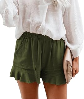Women's Summer Cotton Casual Ruffled Shorts Comfy Elastic Waist Pure Color Shorts Ruffle Hem Shorts Pockets