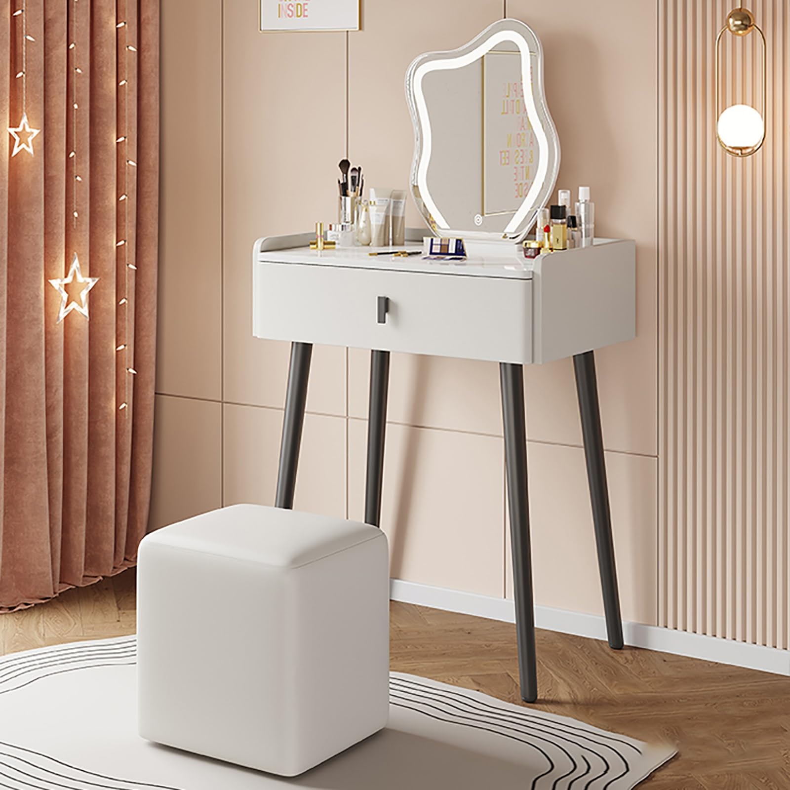 asdchZen Lighted Makeup Vanity Set With Mirror, Drawers & Cushioned Stool-Compact Dressing Table For Small Spaces, Ideal For Women & Girls, Bedroom Makeup Organizer.,White-60x42x78cm