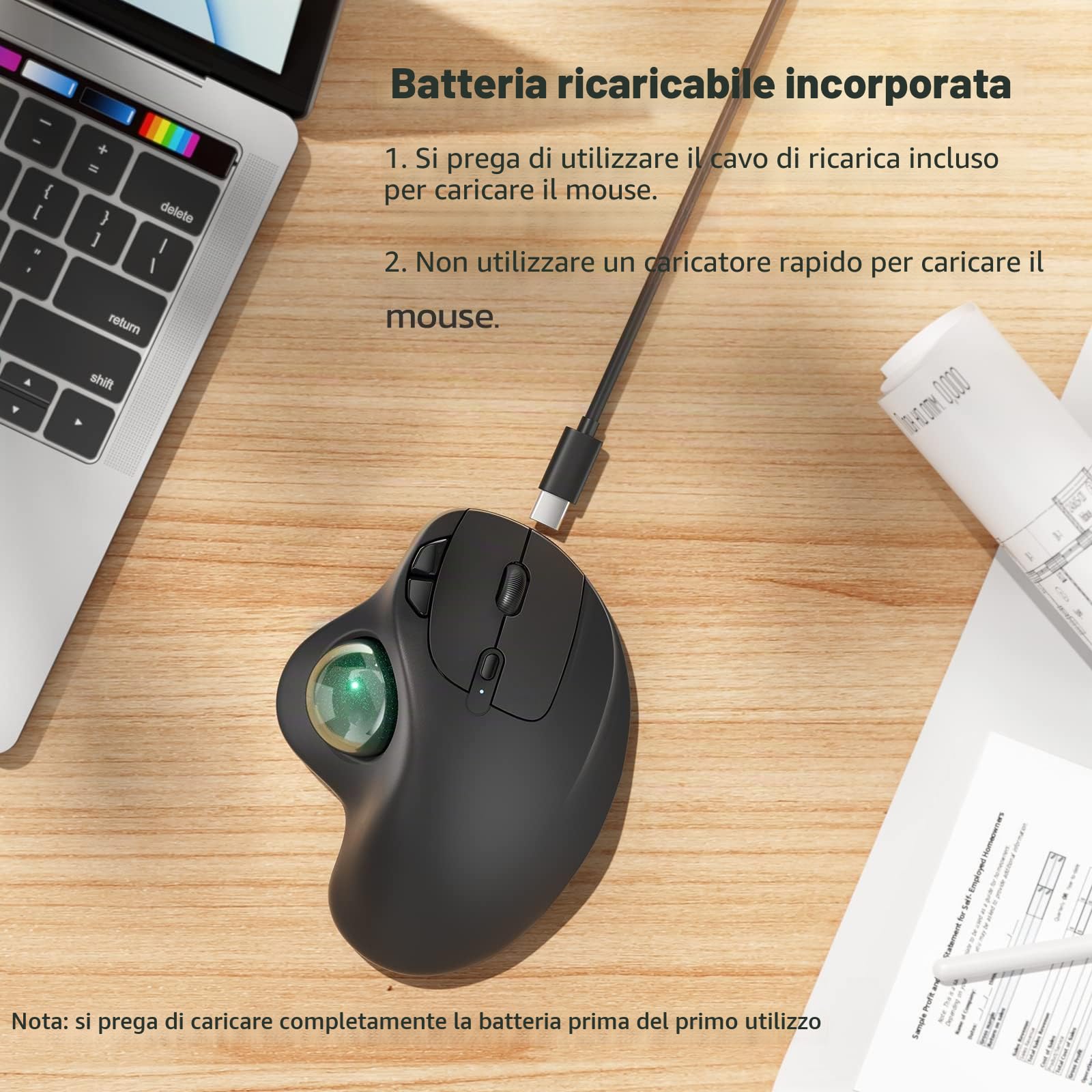 Nulea M501 Mouse Trackball senza fili, mouse ergonomico ricaricabile, tracciamento preciso e fluido, connessione a 3 dispositivi (Bluetooth o 2.4G), compatibile con PC, laptop, Mac, Windows.