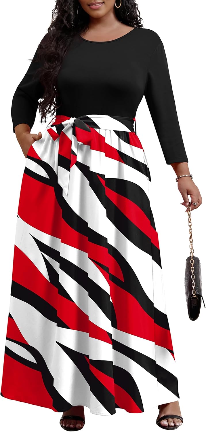 FANDEE Maxi Dress for Women 2026, Long Casual Empire Waist Dresses 3/4 Sleeve Round Neck with Belt