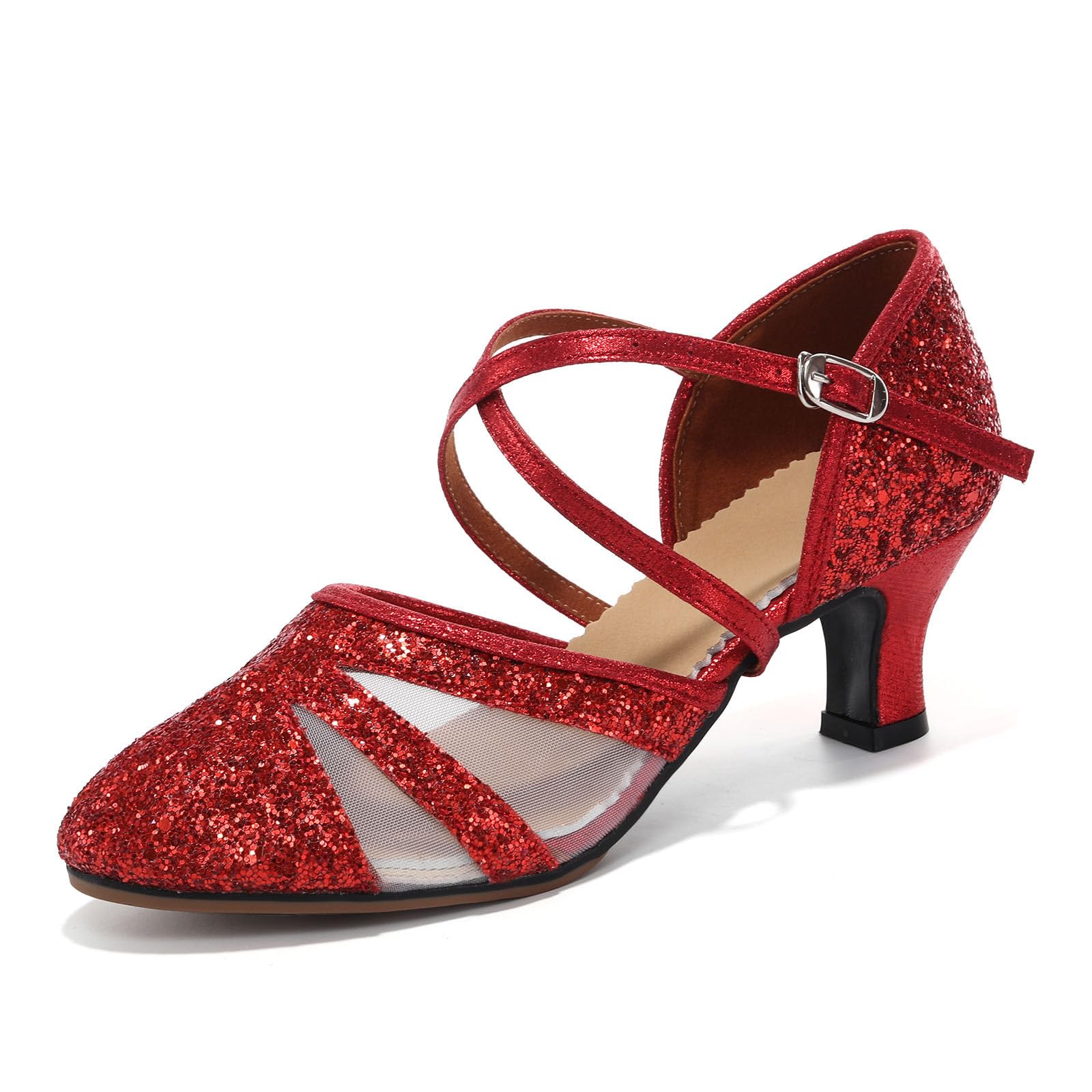 HIPPOSEUS Damskie buty do tańca towarzyskiego z cekinami, z zamkniętymi palcami, nowoczesne buty do tańca tango, gumowa podeszwa, Czerwony, 36 EU