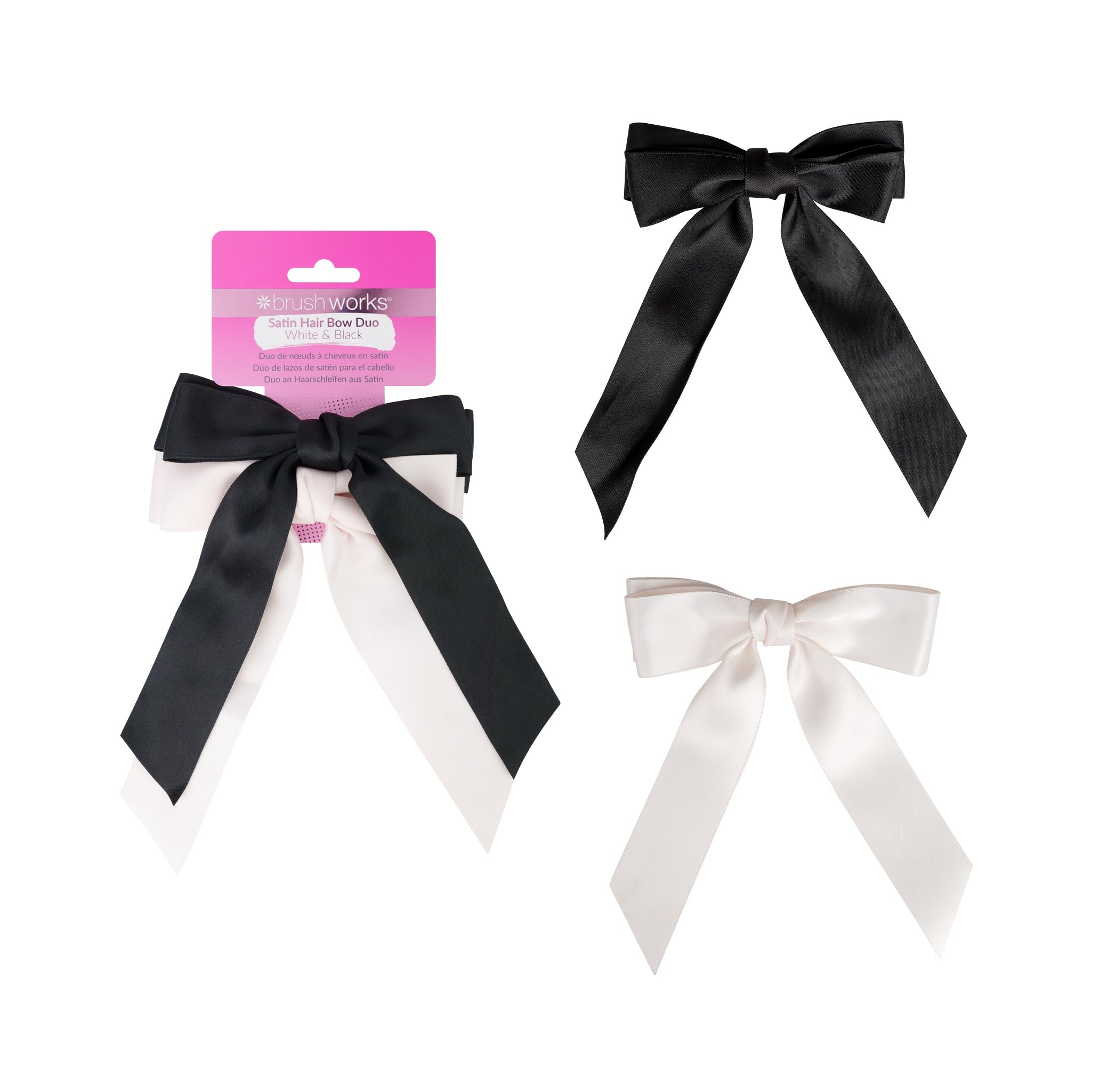 Brushworks Satin Hair Bow Duo – Black & White Hair Accessories for Women, Elegant Satin Bows with Secure French Barrette Clip