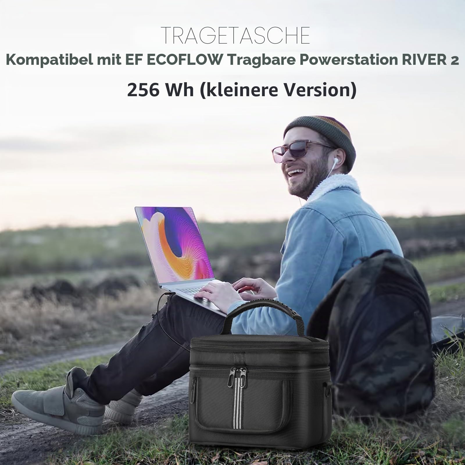 Generator-Tragetasche für ECOFLOW River 2 (256 Wh), zweilagig mit Schnellzugriff und Luftstrom-Reißverschlussfenstern, Schwarz
