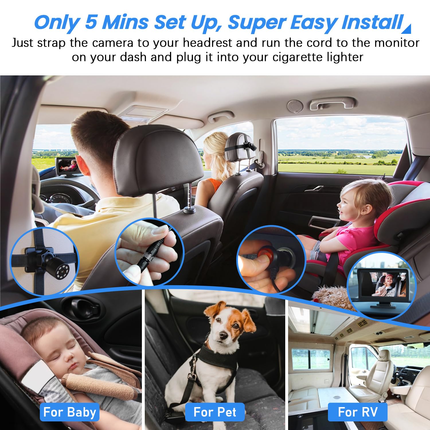 FEISIKE Espejo de bebé para coche, cámara de coche de bebé con visión nocturna, ver al bebé en el asiento trasero con pantalla HD de 4.3 pulgadas, observa cada movimiento del bebé en cualquier momento