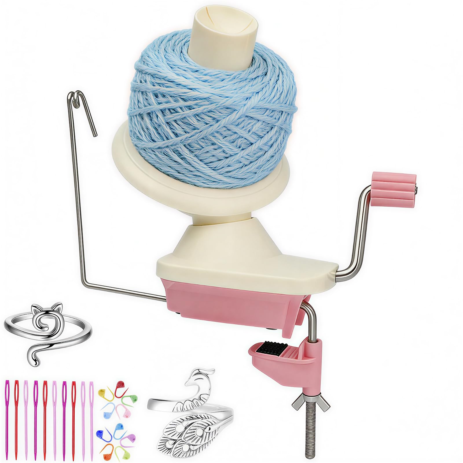 Yarn Winder, Yarn Ball Winder for Crocheting, Quick Install Portable Yarn Spinner for Yarn Storage +2PCS Adjustable Knitting Loop Crochet+10 PCS Stitch Knitting Needles (Pink)