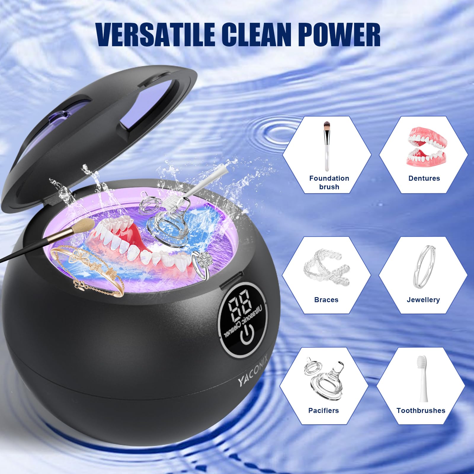 Nettoyeur de retenue dentaire à ultrasons 45 kHz avec 3 modes et minuteur numérique pour le nettoyage des prothèses, garde de nuit, aligneur, appareil dentaire, brosse à dents, bijoux noir
