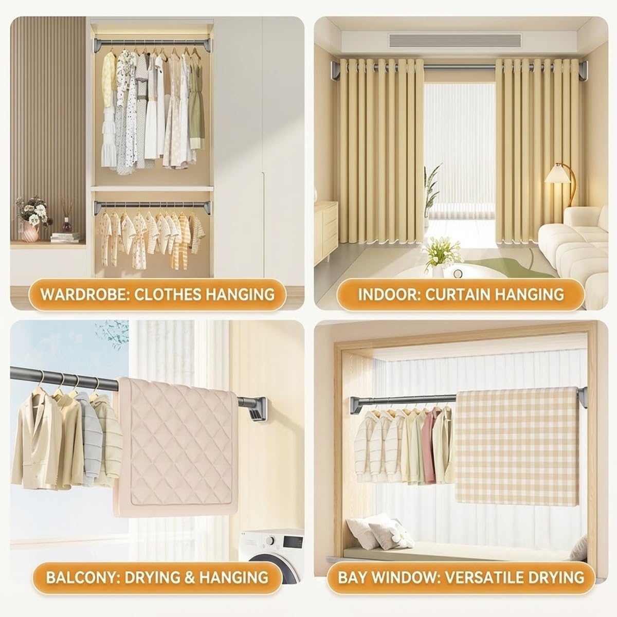 Tringle de Rideau de Douche Réglable Barre Télescopique Extensible 40-250 cm Tringle à Rideaux Tension Sans Percage pour Salle de Bain Cuisine(Blanc,1.1-2.0m/43in-79in)