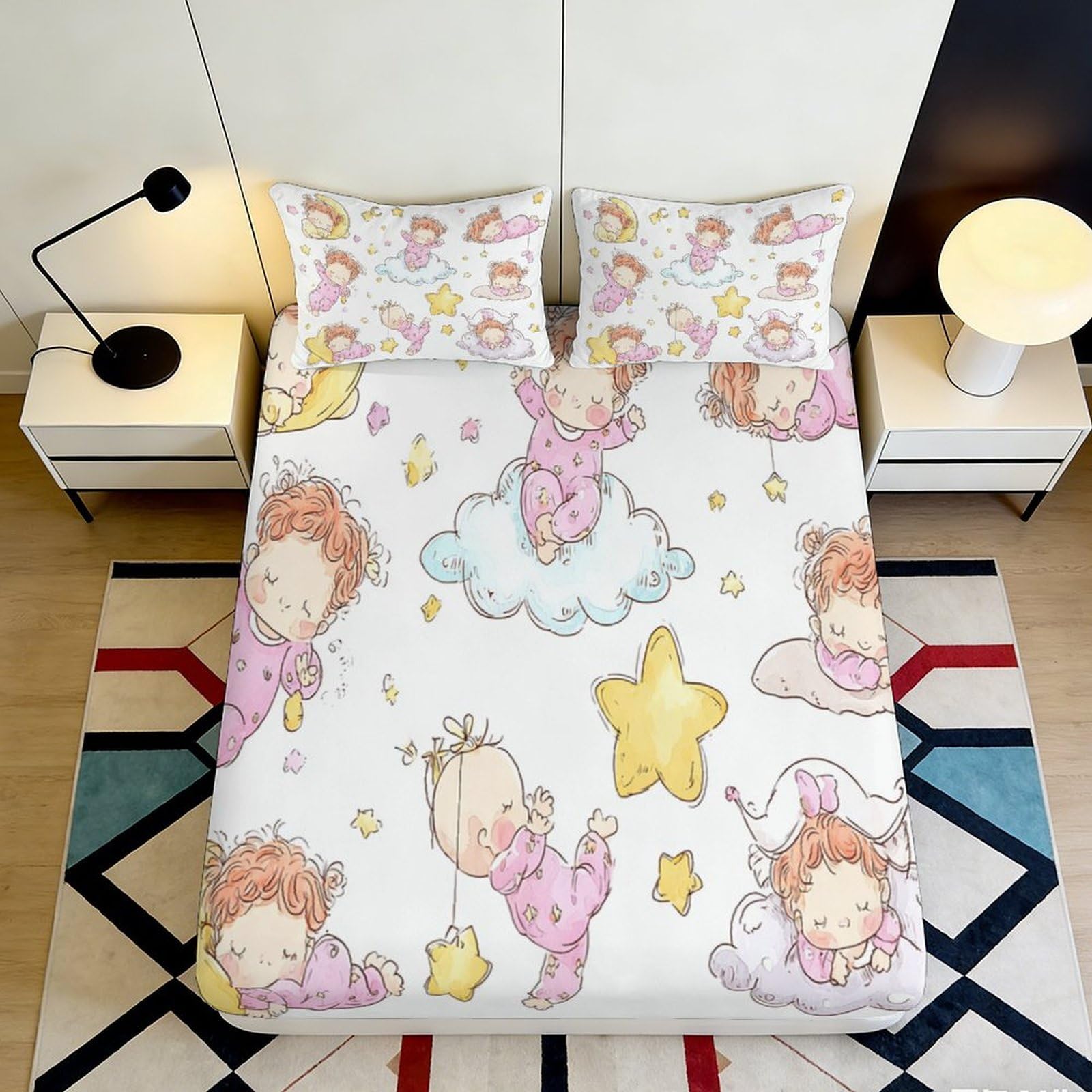 3D Printed Cartoon Cloud Microfiber Fitted Sheet Deep Pocket Non-Slip Wrap Bedroom Bedding Cartoon Mattress Fitted Cover 140x200x25cm