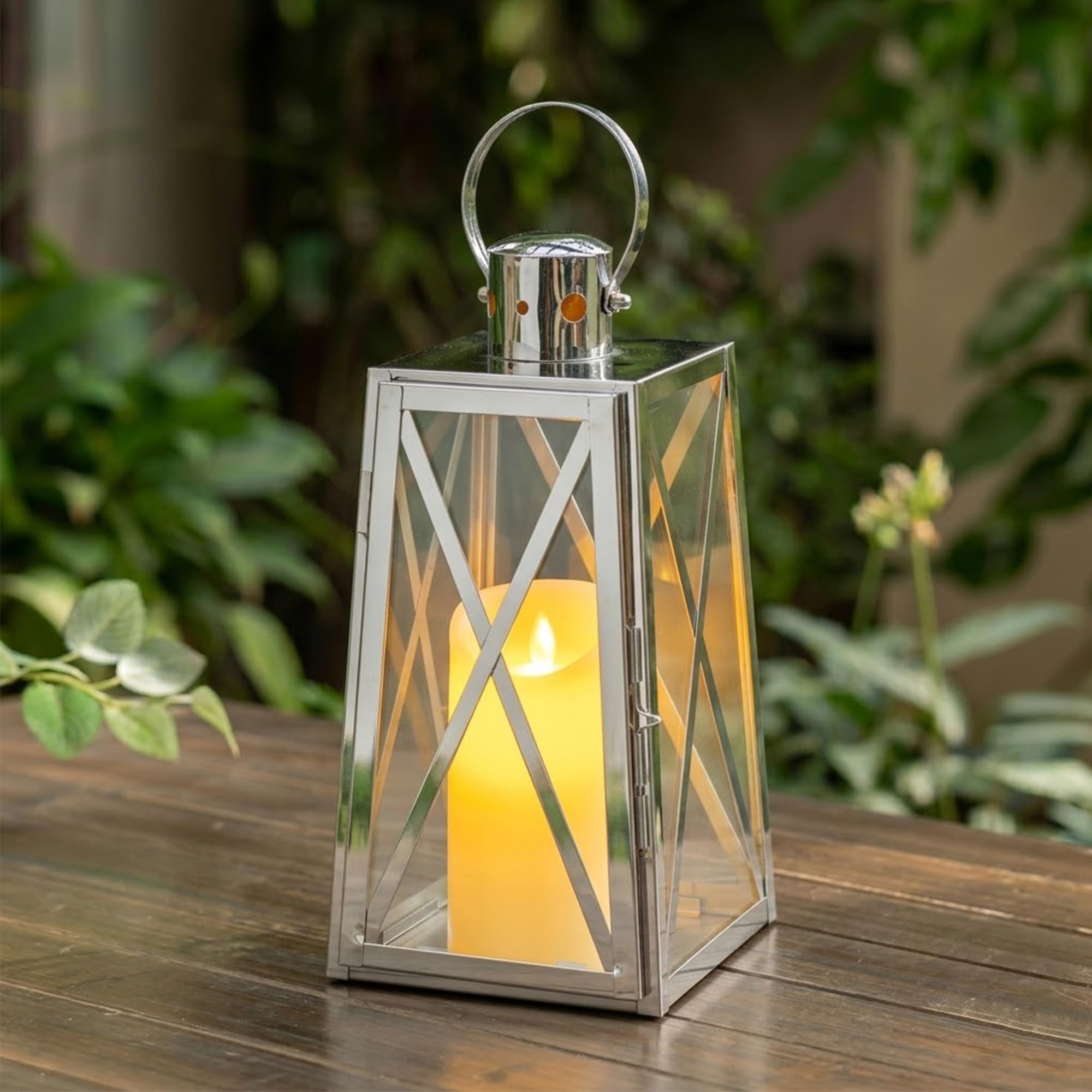 TRIROCKS Lanterna Decorativa in Acciaio Inossidabile 30 cm Alta, Portacandela in Metallo con Pannelli di Vetro Trasparente, Perfetta per Decorazioni Casa, Soggiorno, Eventi (Argento)