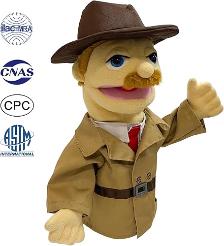 Miniatura 2 de Marioneta de entrilocuista de 16 pulgadas, títeres de mano para niños, marionetas de detective de felpa para adultos con marionetas de boca
