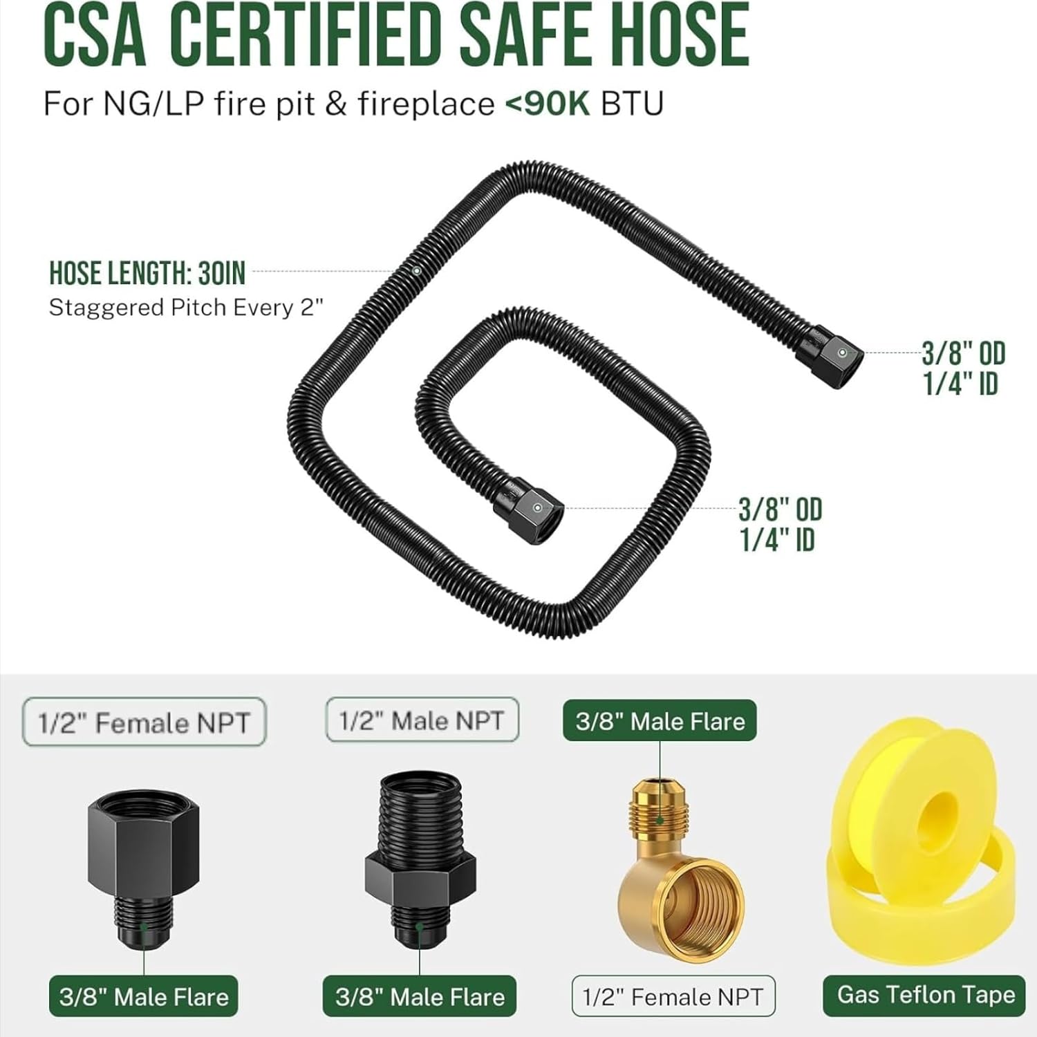 3/8" Flex Gas Line, 48” Non-Whistle Gas Connector Kit for NG/LP Fire Pit/Fireplace/Gas Log/Heater, Black Whistle Free Gas Line