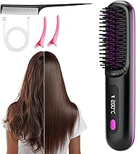 2-in-1 Straightener Curling and Straightening, Portable Brush, Straightening, Curling, Drying, 3 Heat Levels, Wireless Straightening Comb with LED Display, Mini Curling Iron Brush for Styling (Black)