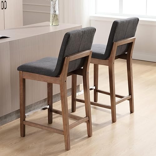 Miniatura 6 de chairus Juego de 2 taburetes de bar altos de tela, taburetes de bar tapizados de lino con patas de madera maciza y respaldo para cocina, isla de