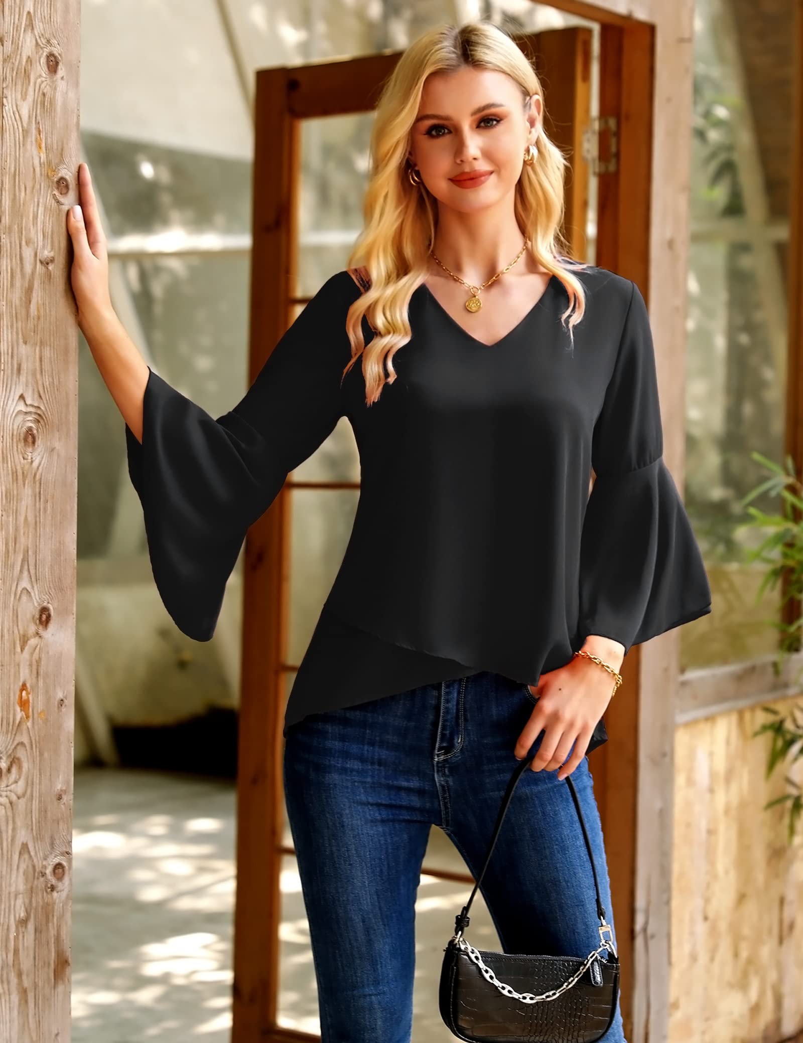 Gyabnw Camicetta Donna Casual in Chiffon Blusa Donna Estiva Traspirante 3/4 Manica Volant Scollo a V Blusa Leggero