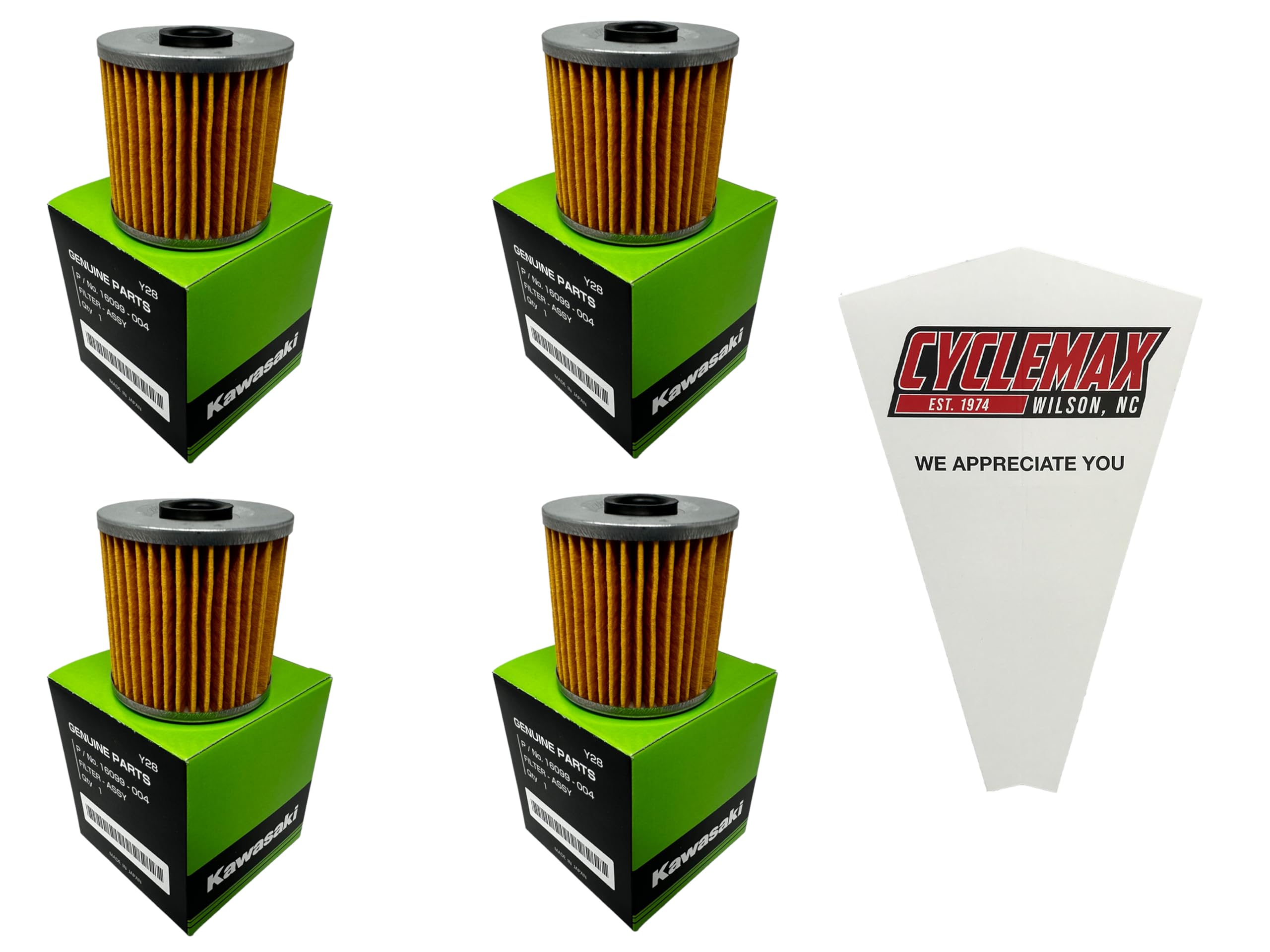 CYCLEMAX Four Pack Compatible with Kawasaki Oil Filter 16099-004 Contains Four Filters and a Funnel