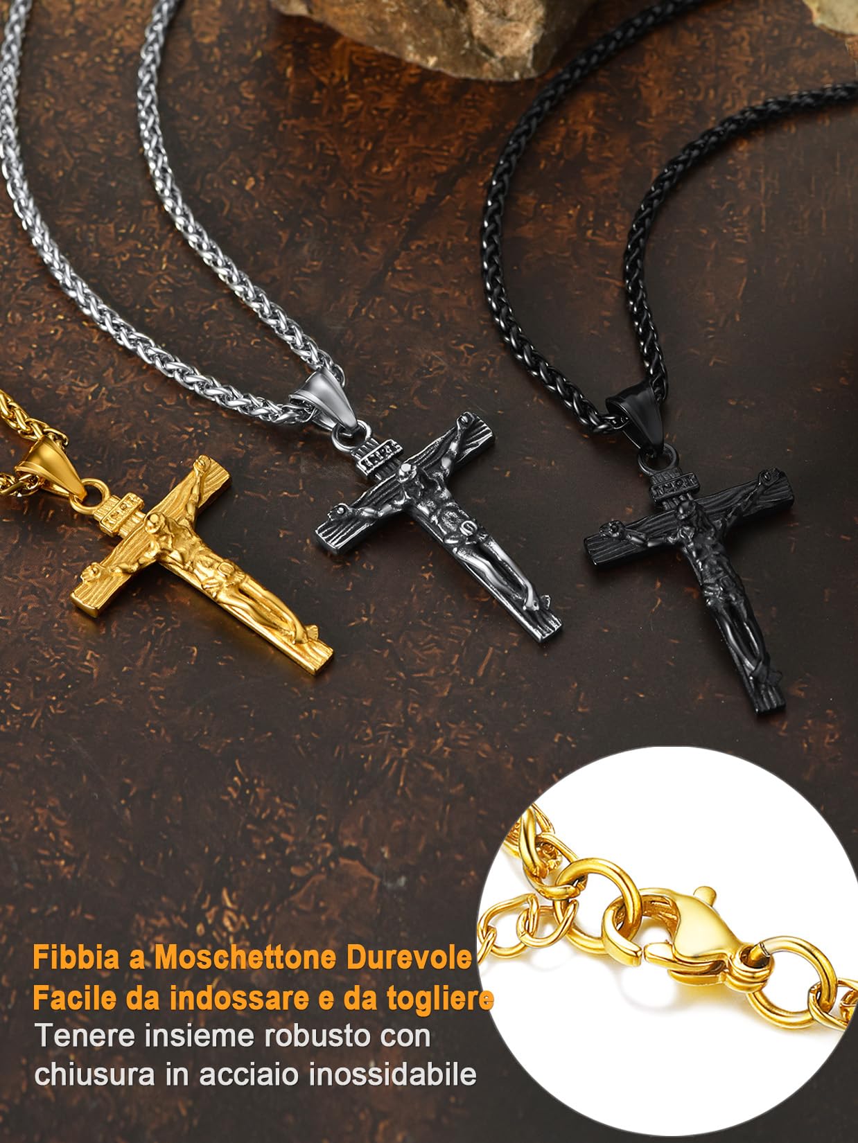 U7 Collana Uomo con Crocifisso Croce Con Gesù Cristo Vintage in Acciaio Inossidabile Ciondolo Crocifisso Amuleto Religioso Personalizzabile + Catena Regolabile 55+5 cm con Confezione Regalo
