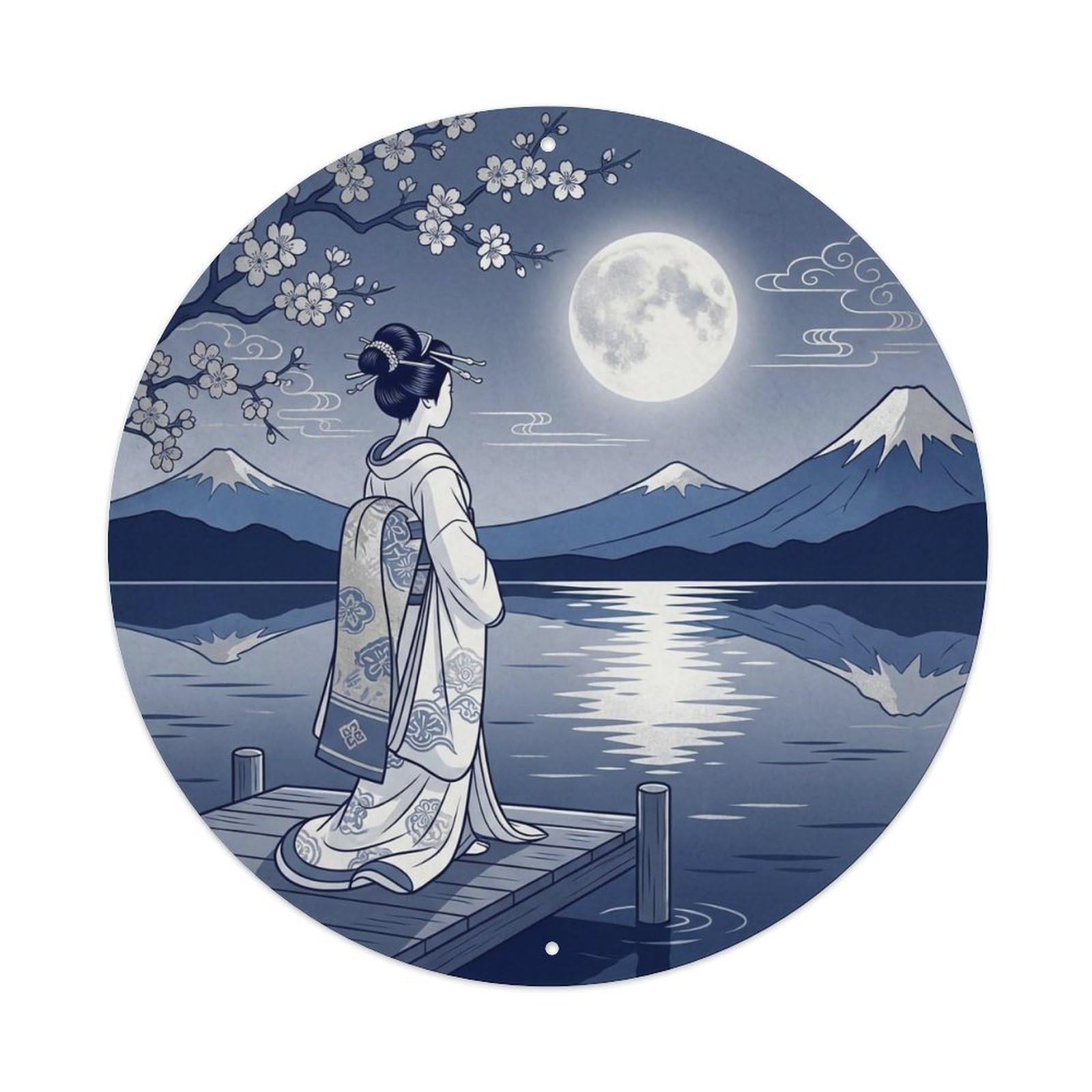Japanese Elegant Lady Moon Reflection Lake Serene View Metal Tin Sign