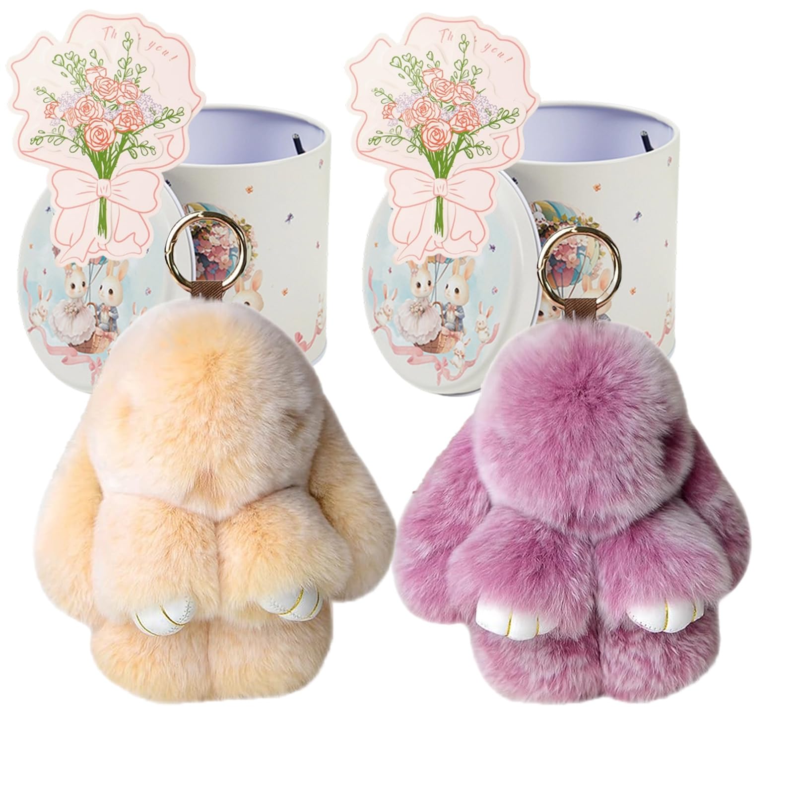 Yagerod Style11 Bunny Keychain With Tin Box, 2Pack Soft Plush Rabbit Key Ring, Cute Pompom Charm For Backpack, Handbag Ornaments (Style11)