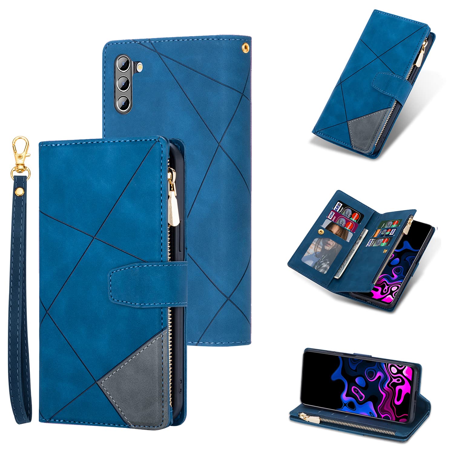 UEEBAI Wallet Case For Samsung Galaxy A13 5G/A04s, PU Leather Phone Case Kickstand RFID Blocking Flip Case With Card Slots Wrist Strap Relief Engraved Pattern Magnetic Folio Case - White Daisy