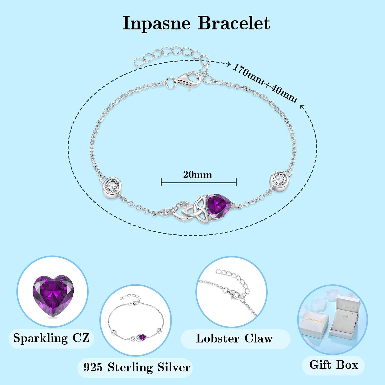 Infinity Celtic Knot Bracelet 925 Sterling Silver Birthstone Bracelet Irish Jewelry Gifts for Women