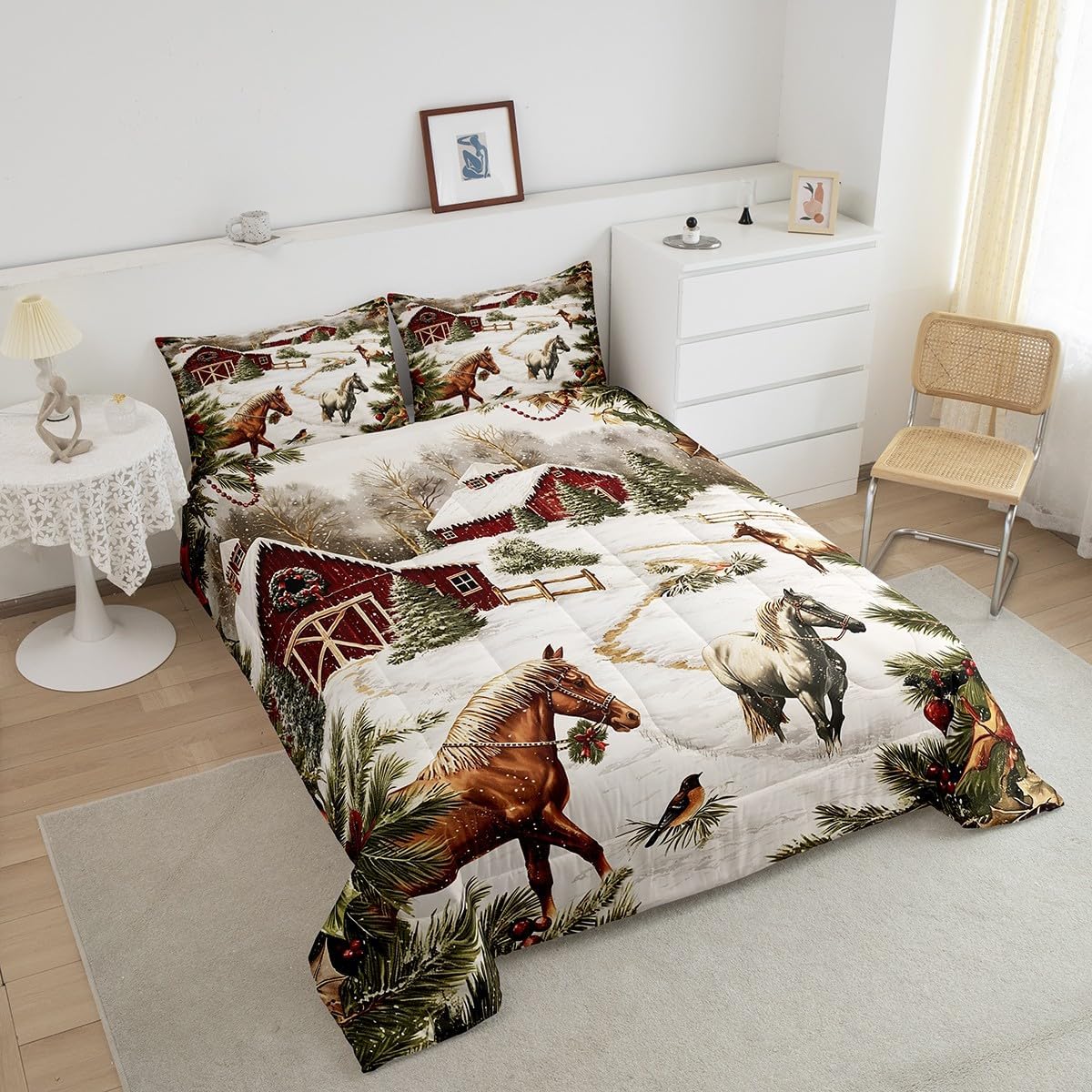 Christmas Farmhouse Comforter Set Queen Size for Kids Western Style Horse Bedding Sets All Season Xmas Pine Tree Quilt Set Bedroom Decor Retro Rustic Down Comforter,3Pcs