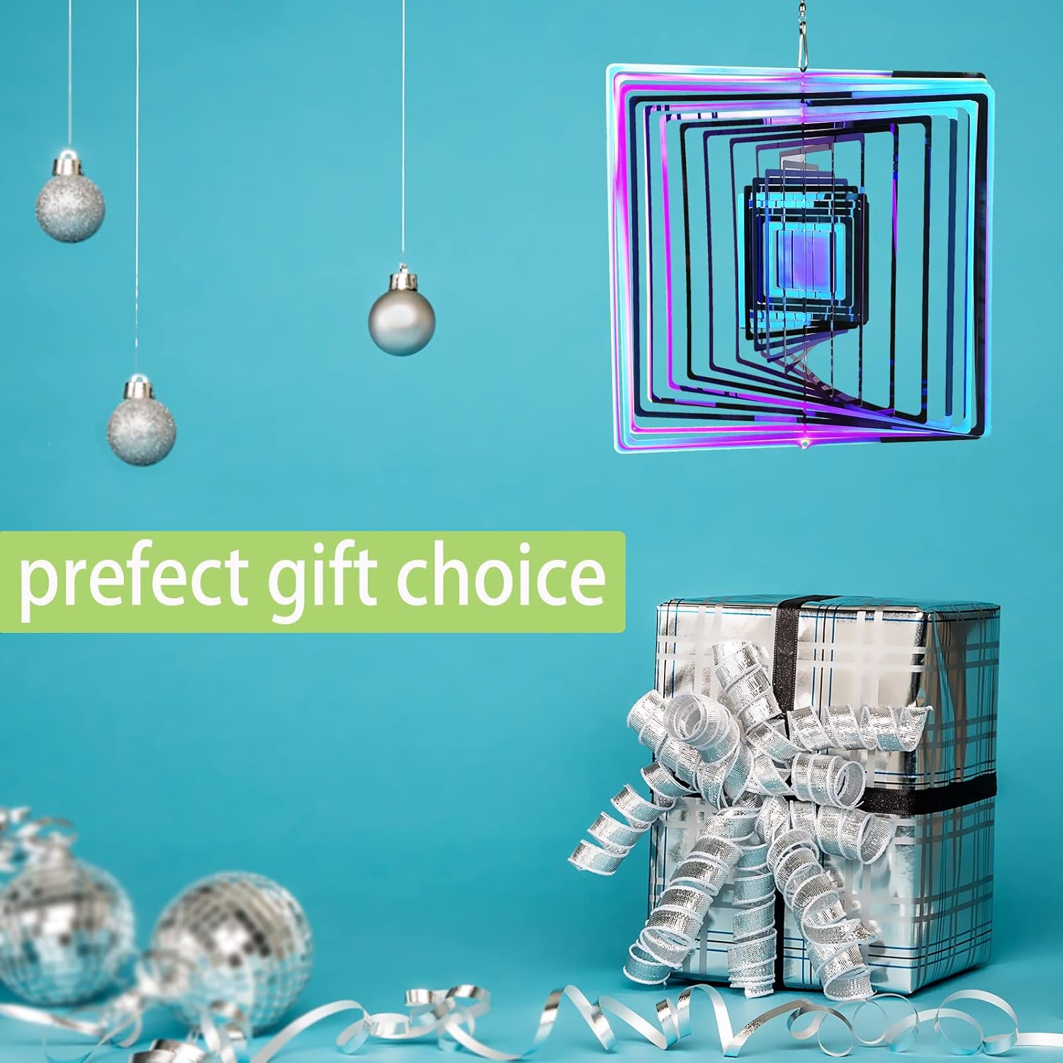 10in Wind Spinner 3D Stainless Steel Heart Effect Decor Spinners for Yard and Garden Festival Decoration Christmas Birthday Day Worth Gifts (Square, Colorful)