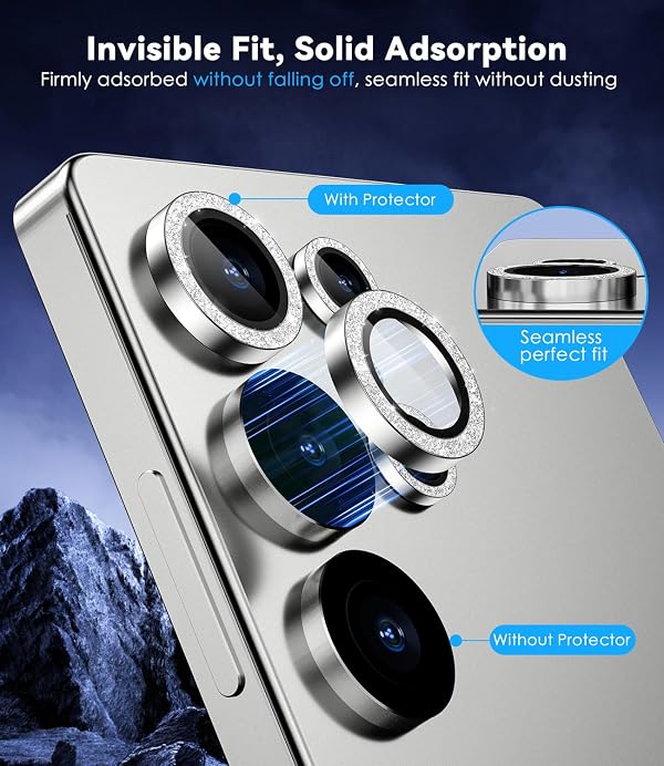 CloudValley for Samsung Galaxy S25 Ultra Camera Lens Protector Bling, 9H Tempered Glass + Aluminum Alloy Lens Protective Ring [Glitter Decoration] Ultra-HD Tempered Glass Cover,Glitter Titanium Whitesilver by CloudValley - Used condition - Image 4