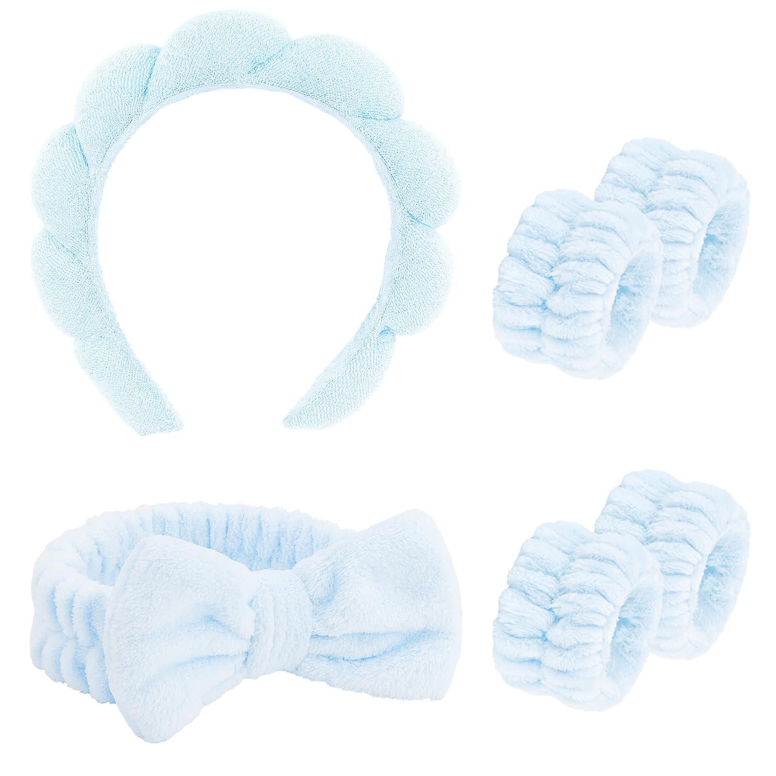CAVETEE 6 Pack Spa Headband Bow Tie Set - Puffy Bubble Headband for Face Washing, Makeup, Wristband for Women & Girls