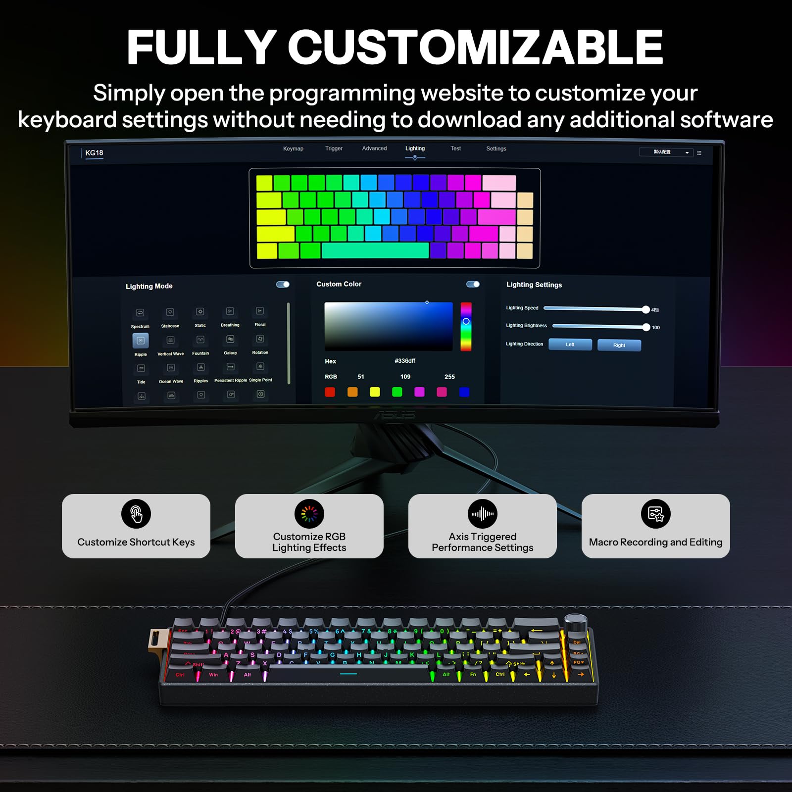 OMOTON Aluminum Magnetic Switch Gaming Keyboard, 65% Compact Mechanical Keyboard Hall Effect with 0.01ms Response, Side-Printed PBT, Hot Swappable Wired Keyboard with Knob for FPS Gamers, Black — view 4
