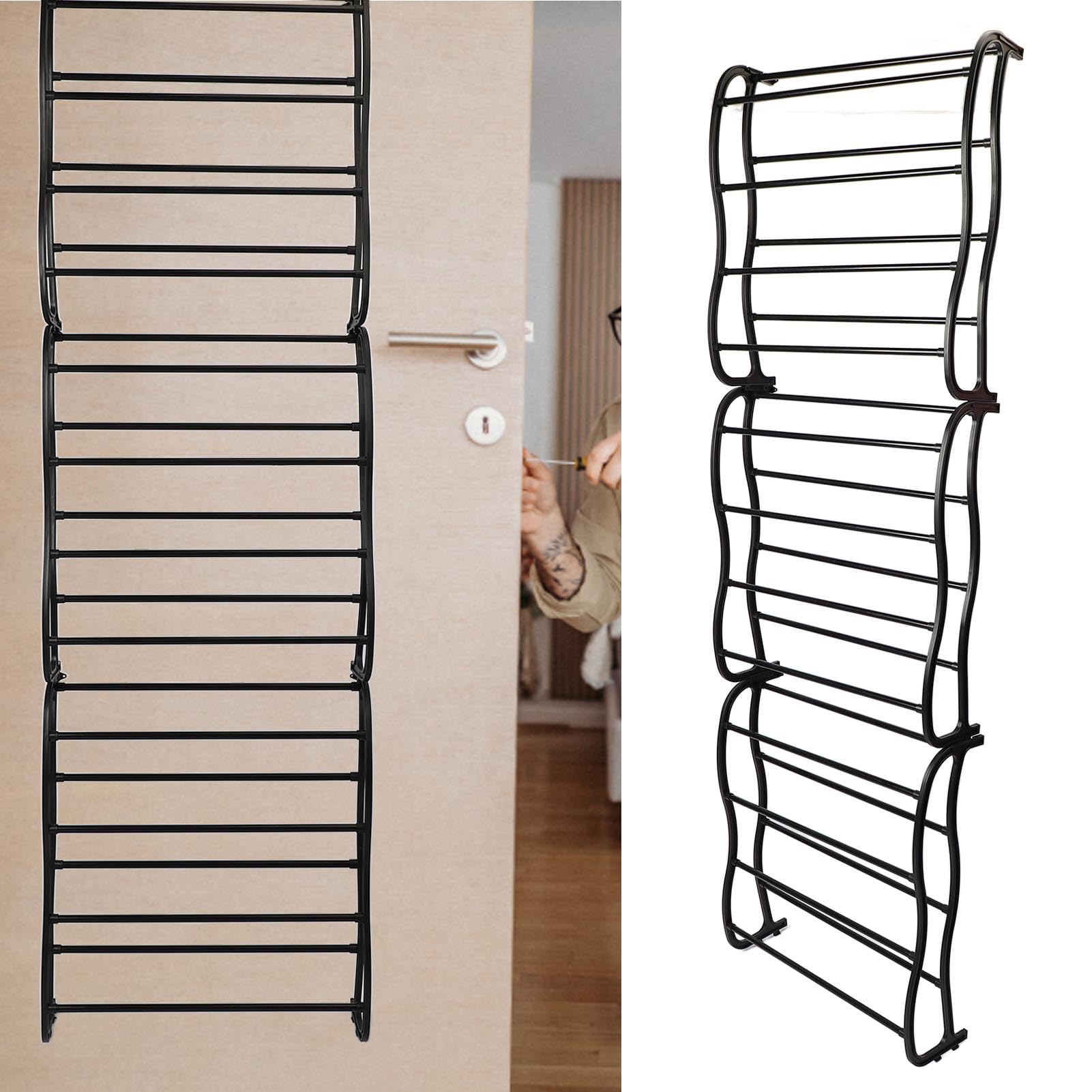 Zapatero de 12 niveles para colgar en la pared, organizador multifuncional para zapatos, color negro