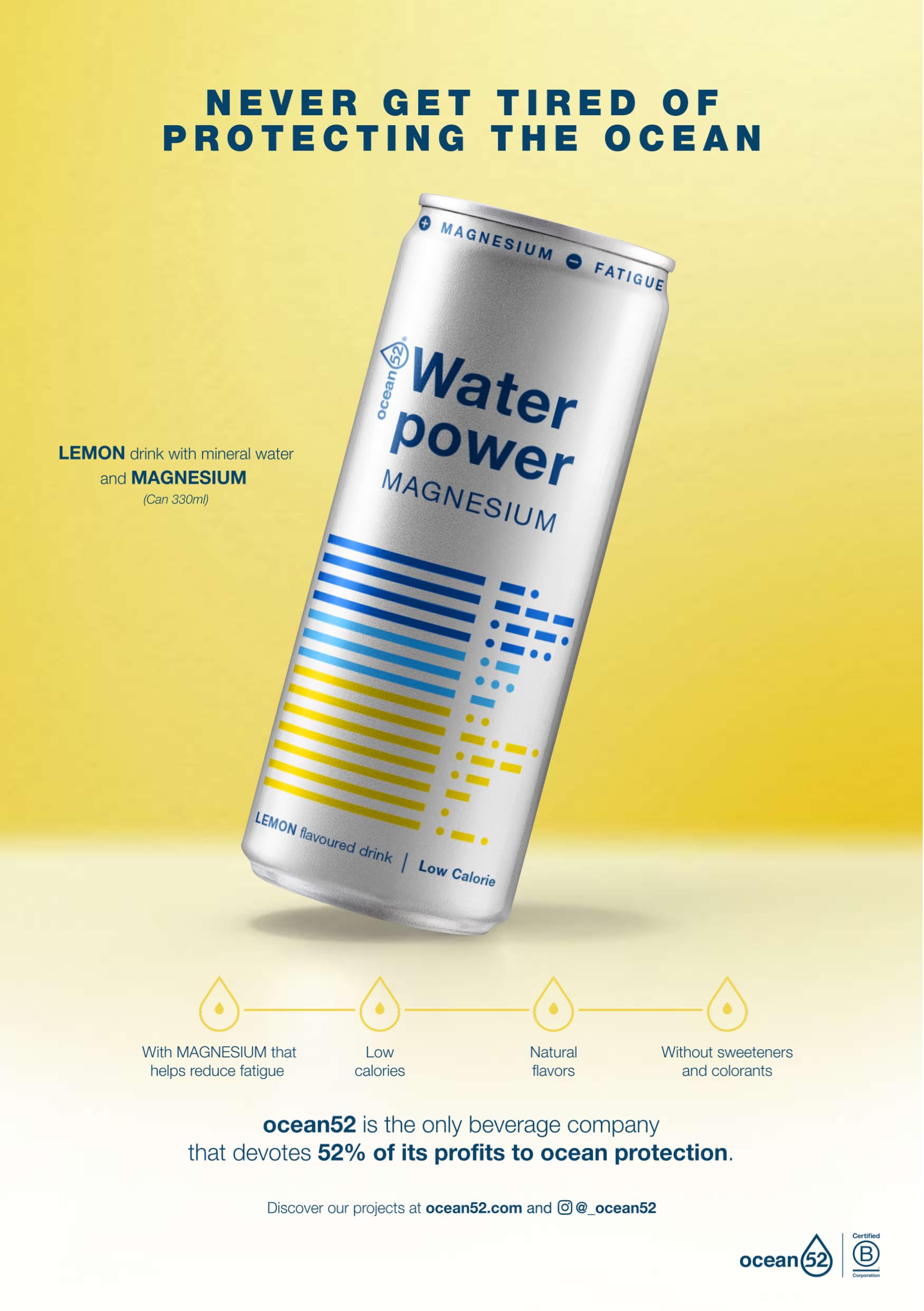 Agua en lata Water Power, de Ocean52. Agua Mineral Natural con Limón y Magnesio - Pack 24 unidades x 33cl. Agua en packs de 24 latas de 33cl. Agua mineral en lata x 24.
