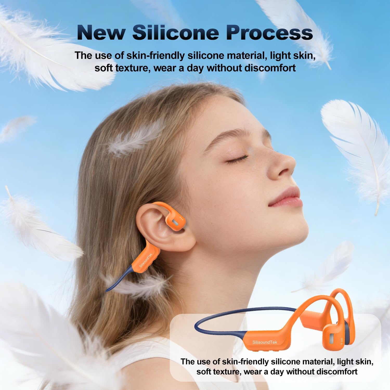 Liquid Silicone Bone Conduction Swimming Headphones,IP68 Waterproof Underwater Headphones,Bluetooth 6.0 &MP3 with 32GB Memory Card,Open Ear Bone Earphones for Running,Fitness and Cycling (Orange) - Image 4