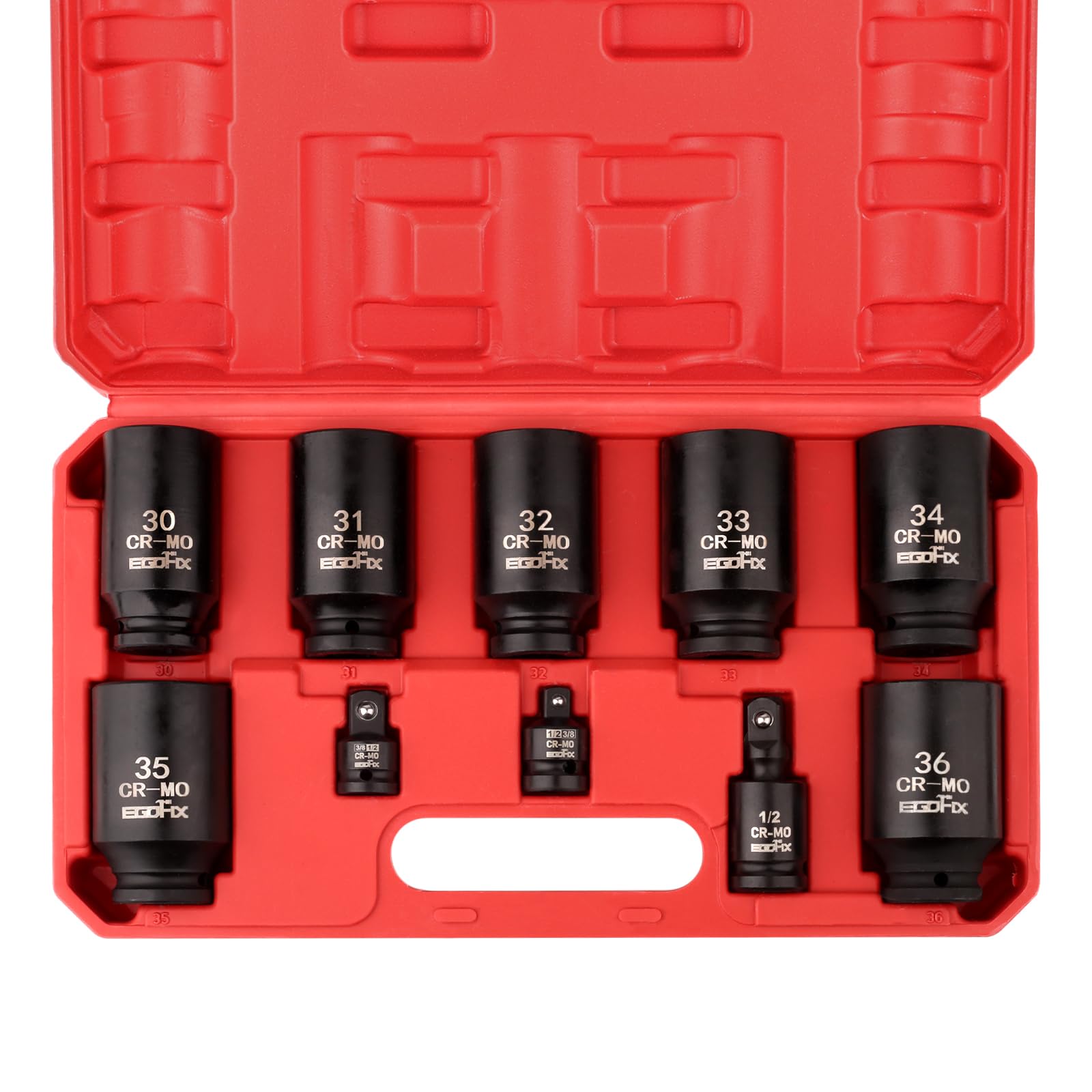 EGOFIX 1/2" Drive Deep Impact Socket Set, 10-Piece Spindle Axle Nut Socket Set CR-MO 6 Point 30,31,32,33,34,35,36mm Metric socket, with 3/8" - 1/2" Socket Adapter Set Universal Joint Socket
