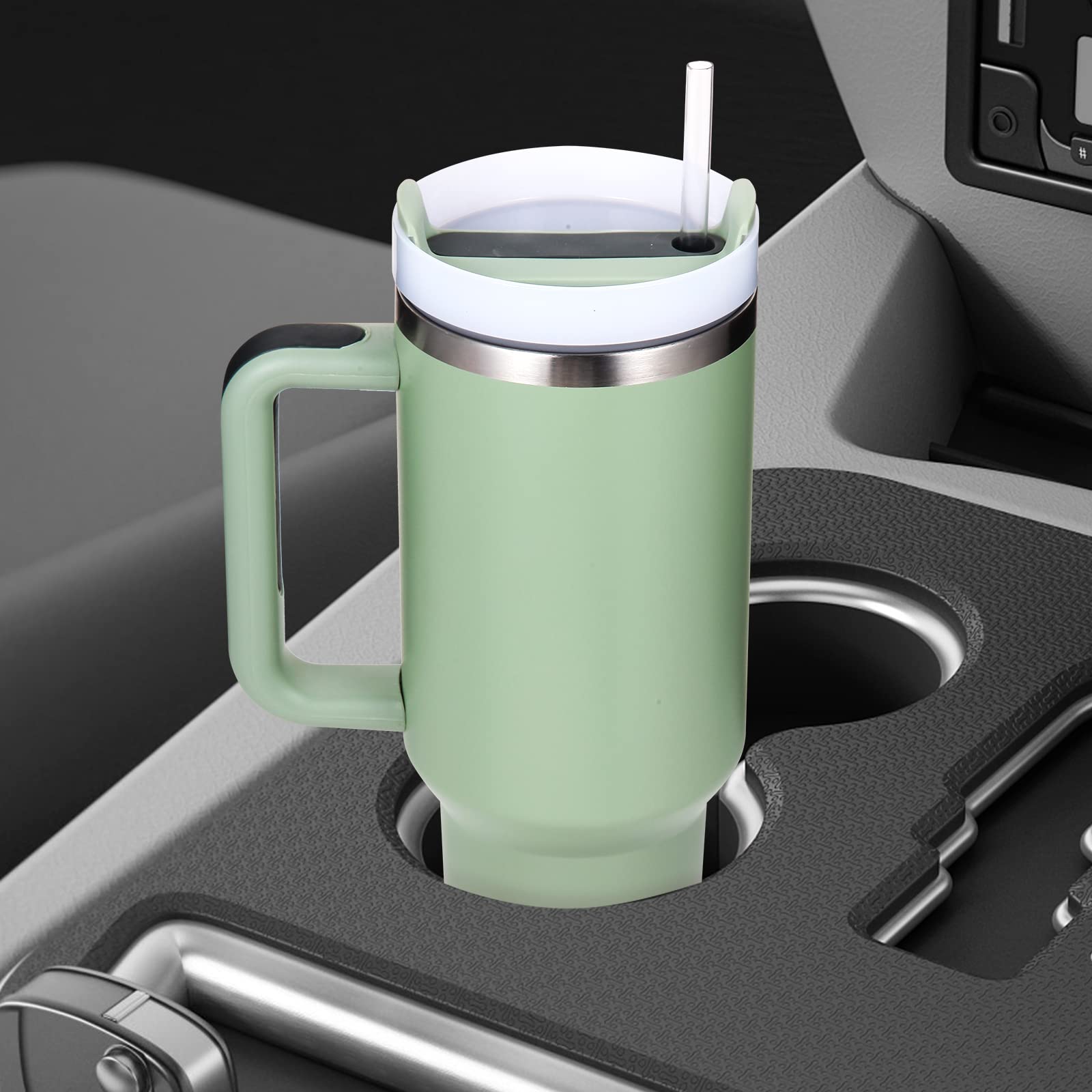 Vaso de acero inoxidable aislado con asa y tapa con pajita, taza de viaje reutilizable para bebidas frías, perfecta para café helado en casa o sobre la marcha