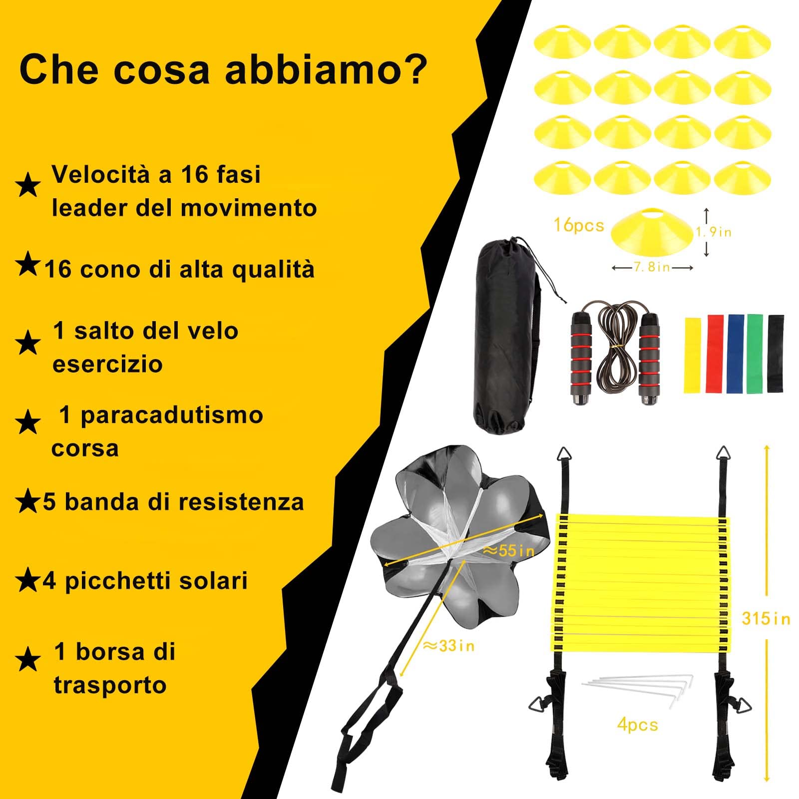 Kit per Allenamento Calcio Set di velocità e Agilità-8m Agility Ladder-16 Coni Accessori -1 Corda-4 Pali-1 Paracadute di Resistenza - Cinesini per Allenamenti di Football, Esercizio