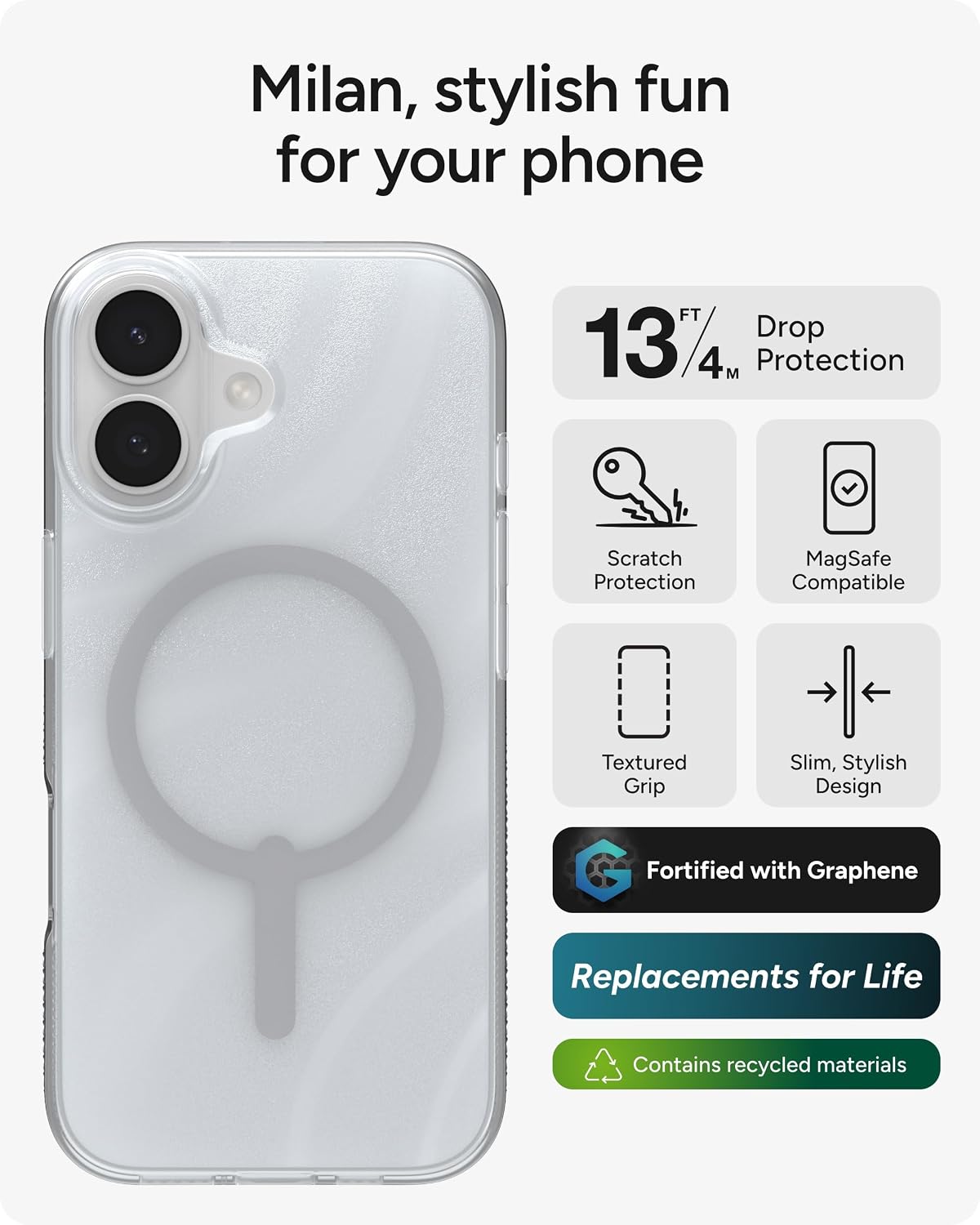 ZAGG Milan Snap Case for iPhone 17 - Silver Glitter Swirl, Graphene Strengthened Phone Case with Drop Protection (13ft/4m), Textured Edges & Sparkle Design, MagSafe Charging Compatible