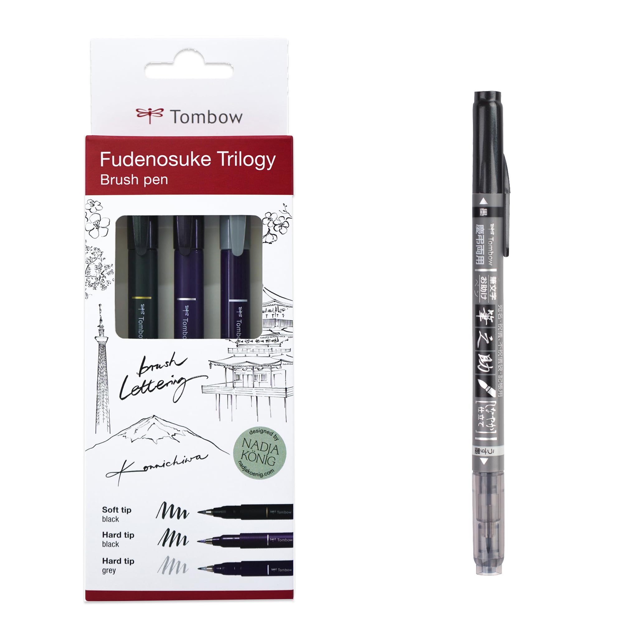 Tombow Fudenosuke Triology Set + Fudenosuke Twin Elastic Brush Tip - Perfect for Hand Lettering Sketching & Bullet Journaling, Set of 4