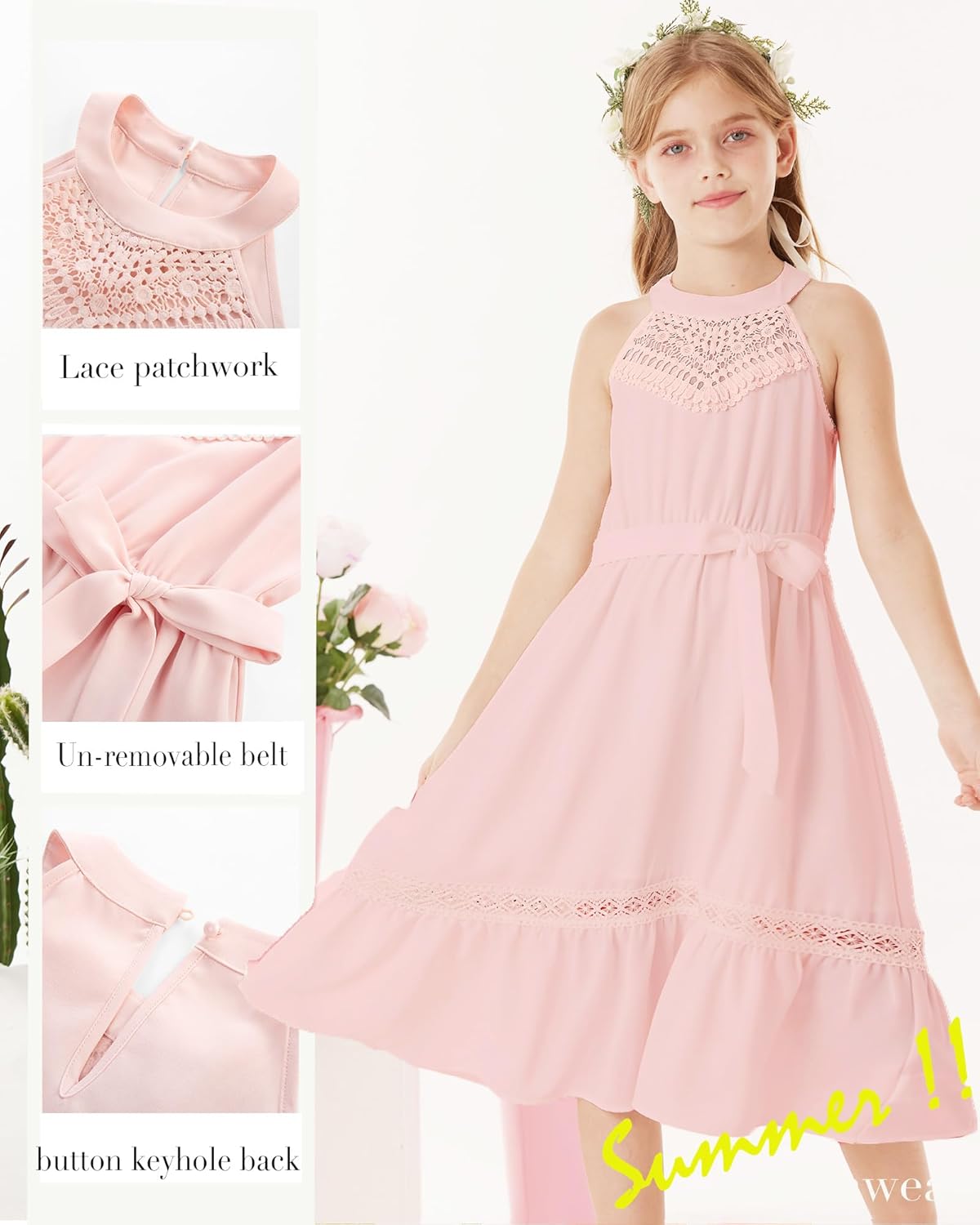 GRACE KARIN Girls Dresses Summer Spring Halter Maxi Dress Kids Ruffle Casual Flower Pleated Sun Dress Size 5-14 - Image 5