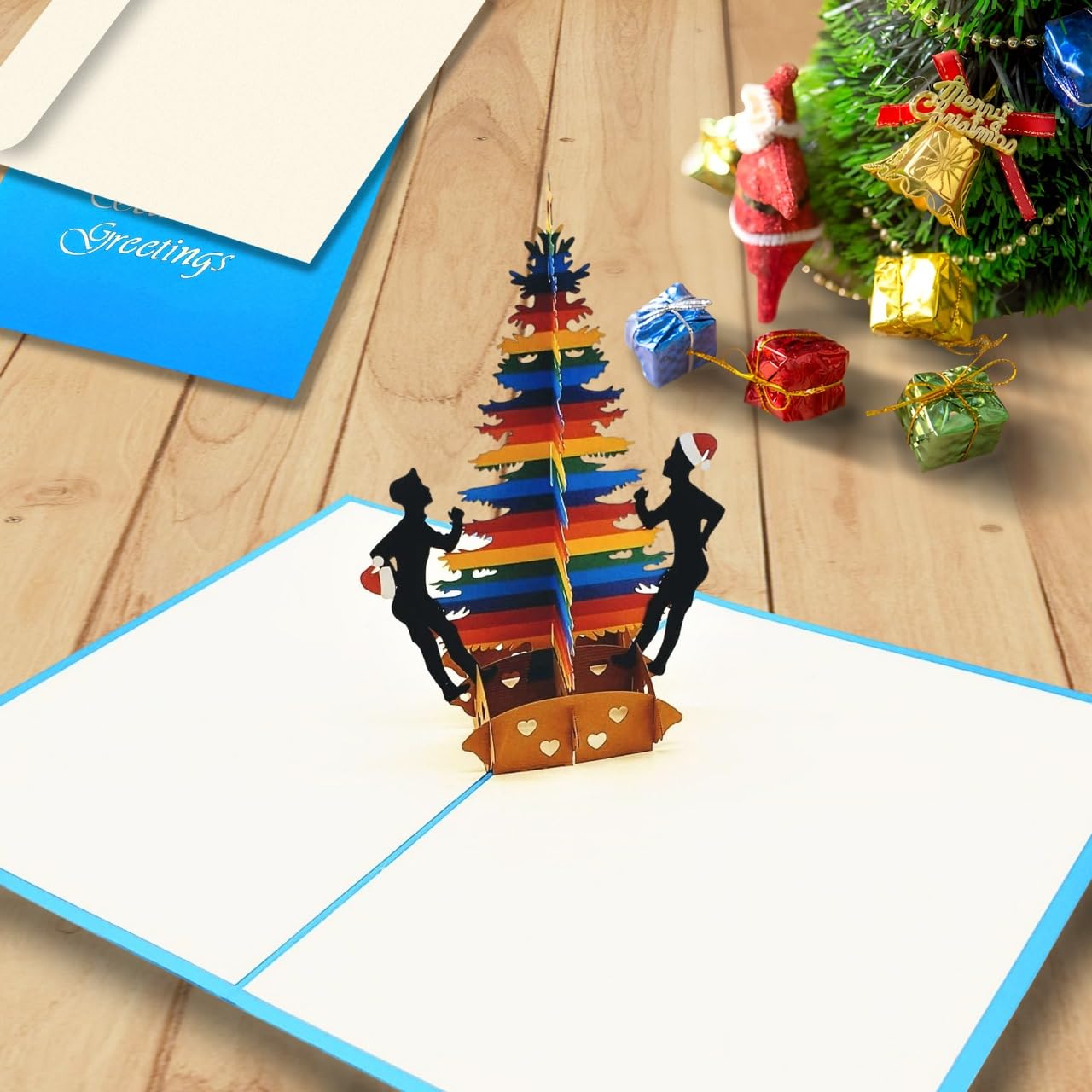 iGifts And Cards - Tarjeta de felicitación 3D, diseño de Navidad con texto en inglés"Season's Greetings, Holiday Season, X'Mas, Feliz Navidad, Pride, Joy, Hope, Happiness