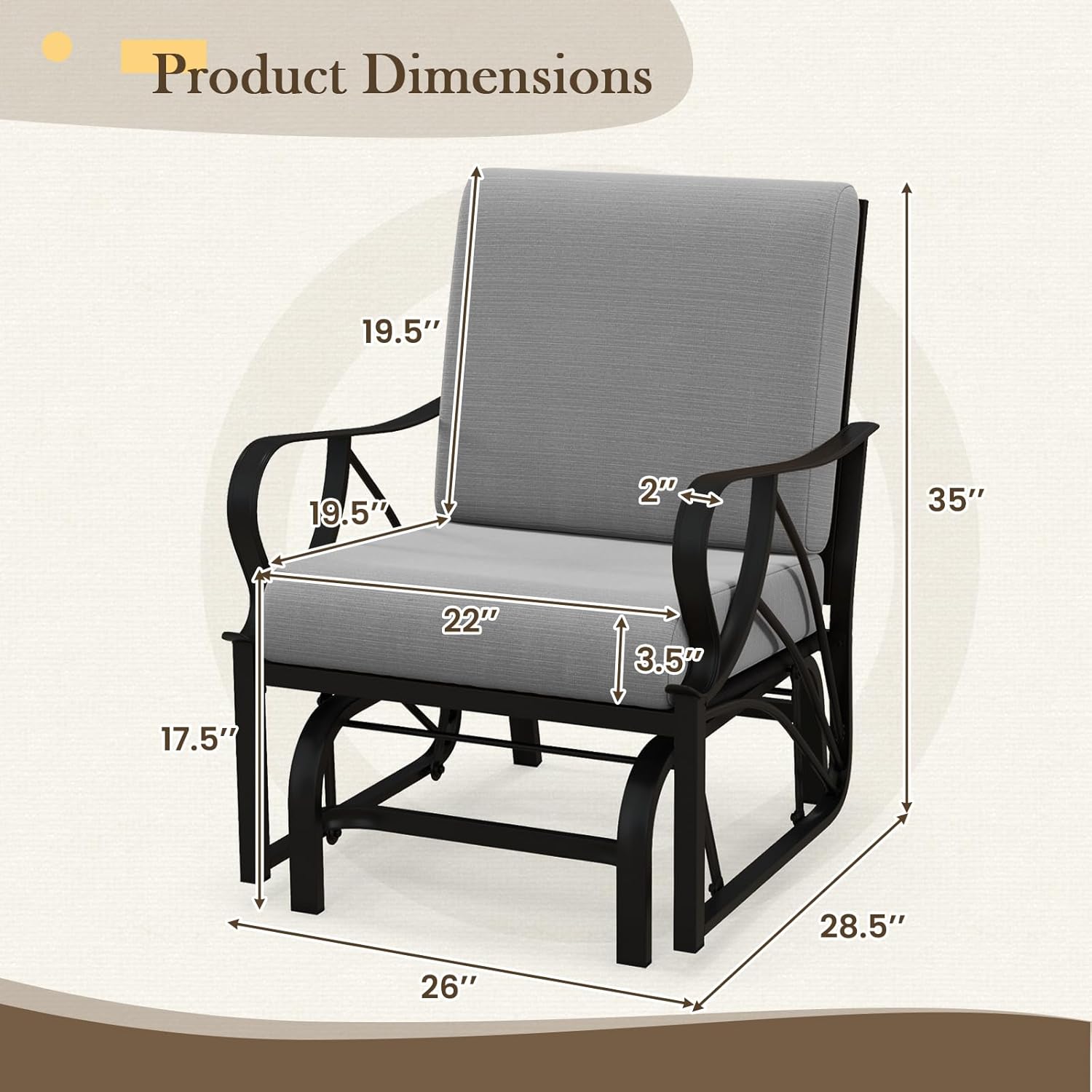 DORTALA Patio Glider, Outdoor Rocking Chair with Cushions, Metal Frame, Armrest for Yard, Lawn, Porch (Grey,1)