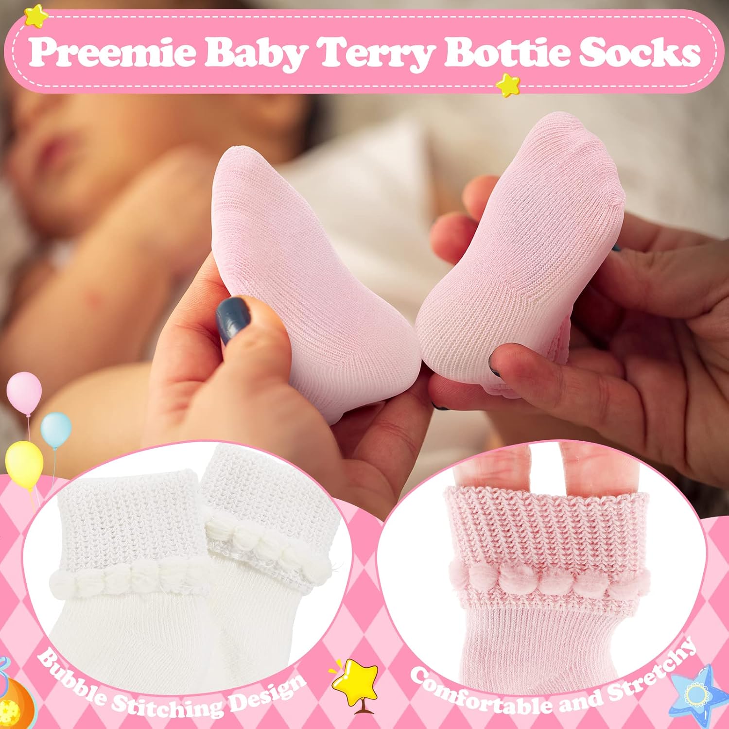 Bonuci 8/24 Pairs Preemie Socks Baby Girls Premature Baby Cotton Turn Cuff Bubble Preemie Socks Nicu for Newborn Hospital - Image 5