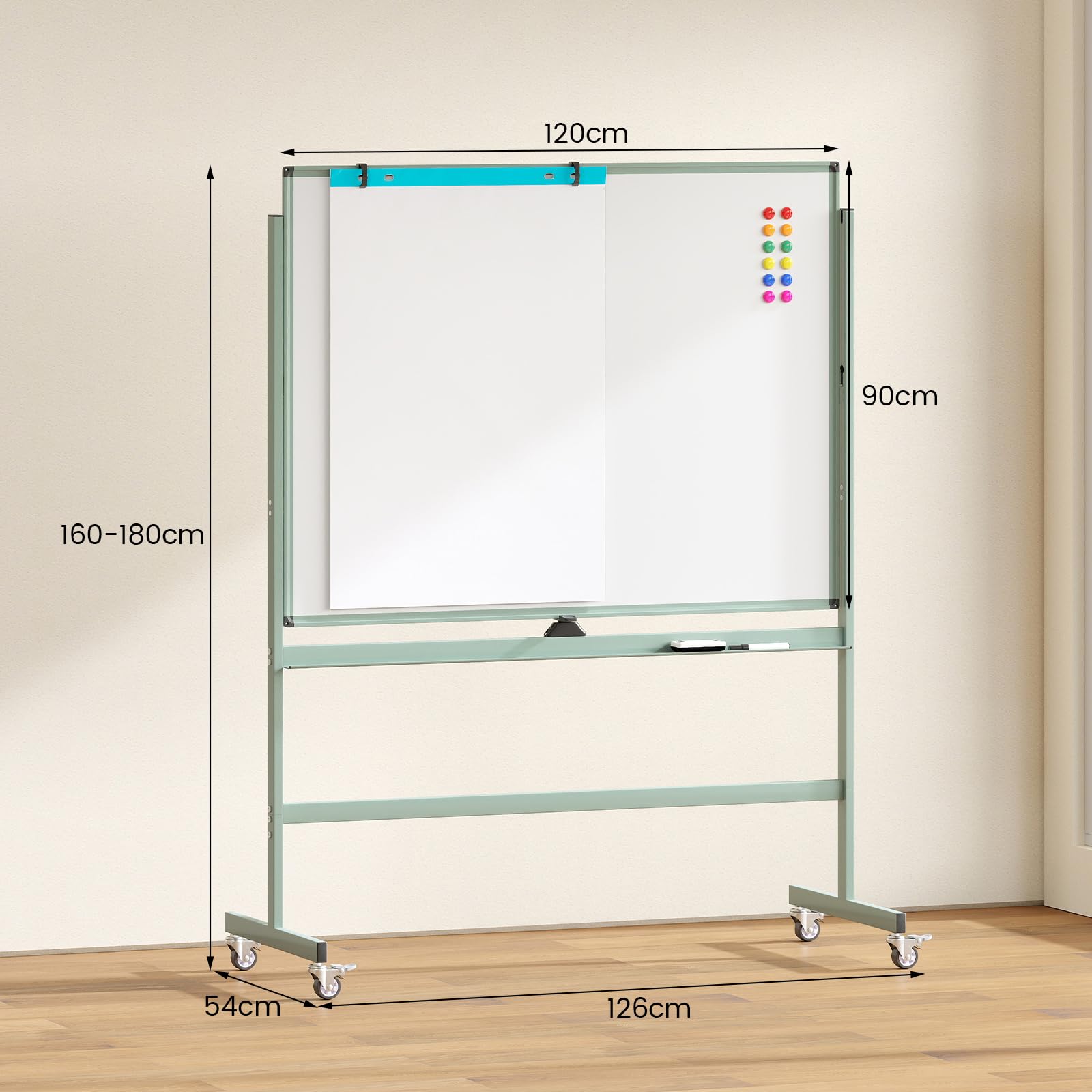 GOPLUS 120x90cm Mobiles Whiteboard mit Ständer & Flipchart, Höhenverstellbares doppelseitiges Whiteboard mit abschließbaren Rollen, um 360° drehbare magnetische Tafel mit Alurahmen & Zubehör(Grün)