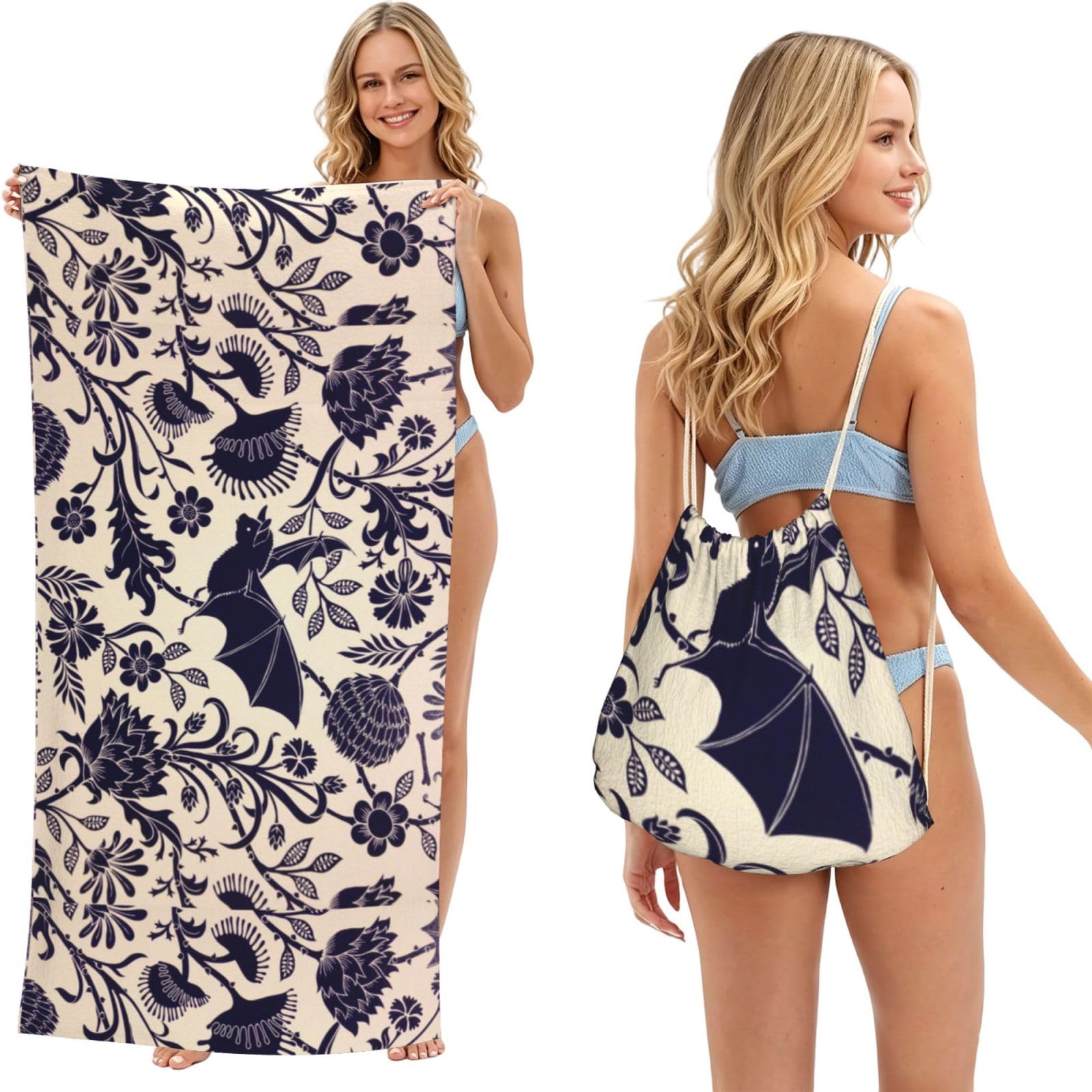 WSHFFILO Bat Print printed 2 in 1 Packable Towel Bag Bath Towel Beach Towel