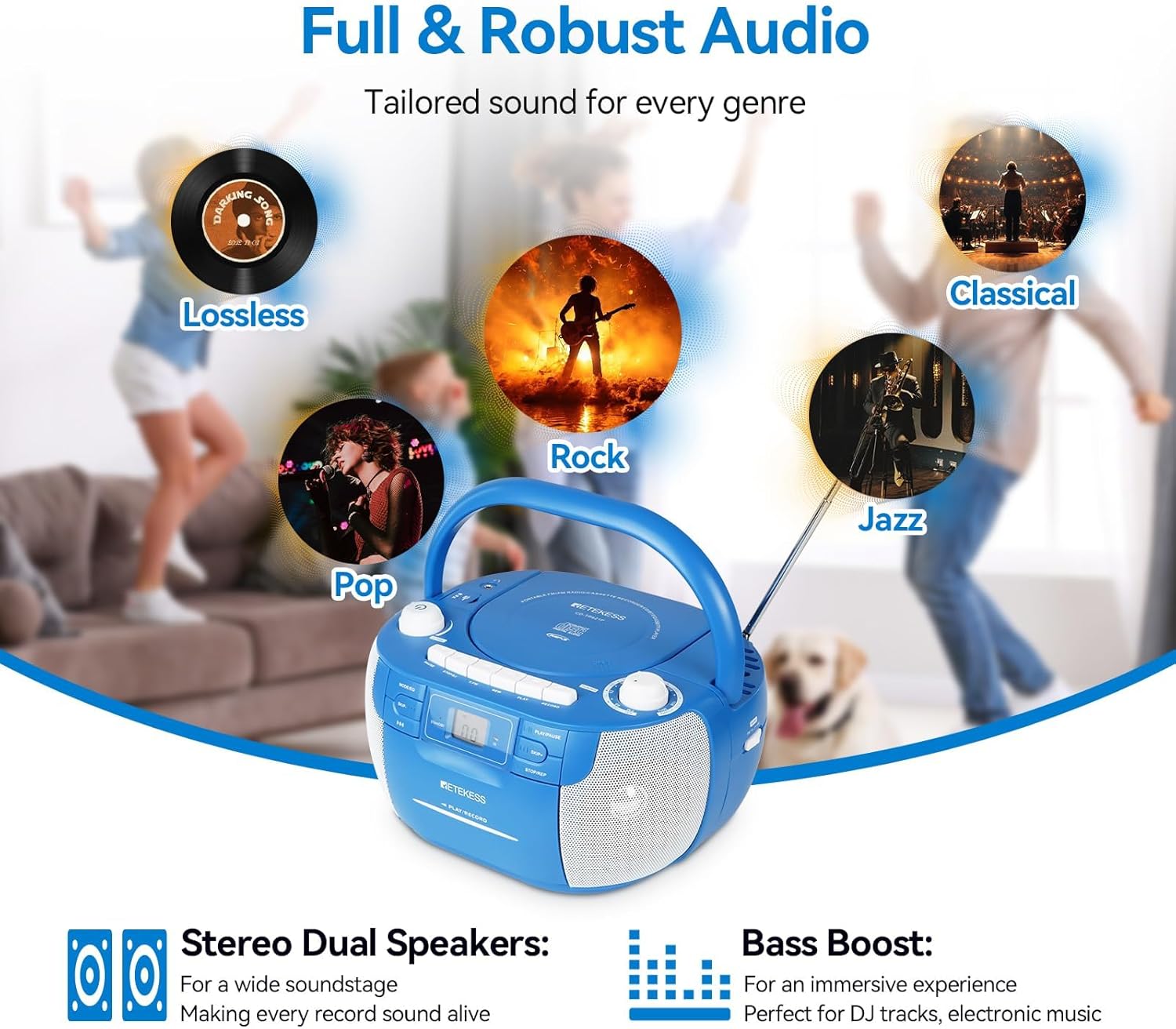 Retekess TR604 AM FM Radio, Portable Radio and Retekess TR621P CD Player Boombox, Wireless, AM/FM Radio, Remote Control, Stereo Sound, Tape Recording, USB/TF, AC/D Battery Powered for Home