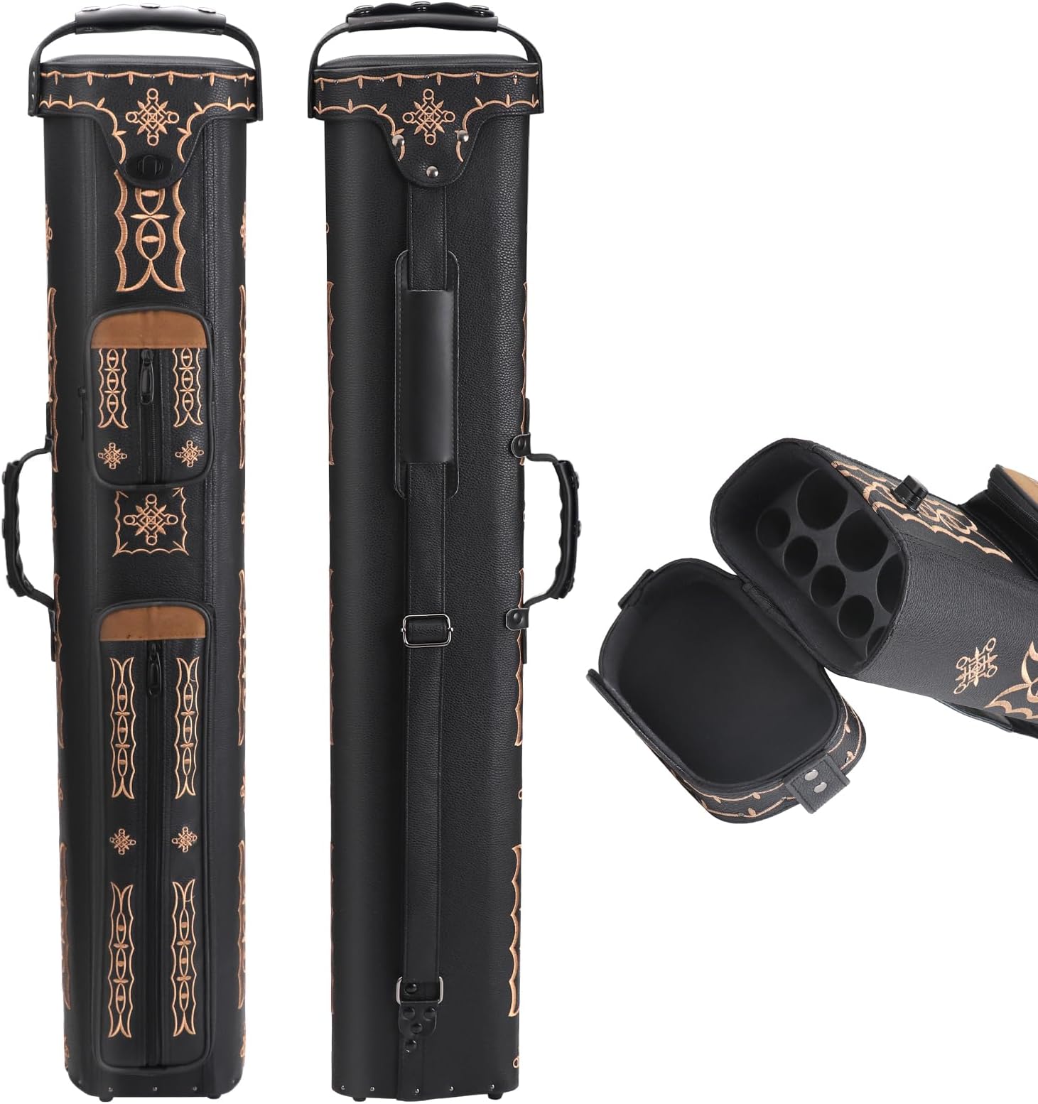 3x5 Hard Pool Cue Case, Leather Pool Cue Case, Hard Pool Case For 3 Sticks, Pool Stick Case With Large Pouch, High Capacity Pool Stick Case Holds 3 Cue Butts 5 Cue Shafts, Embroidery Design