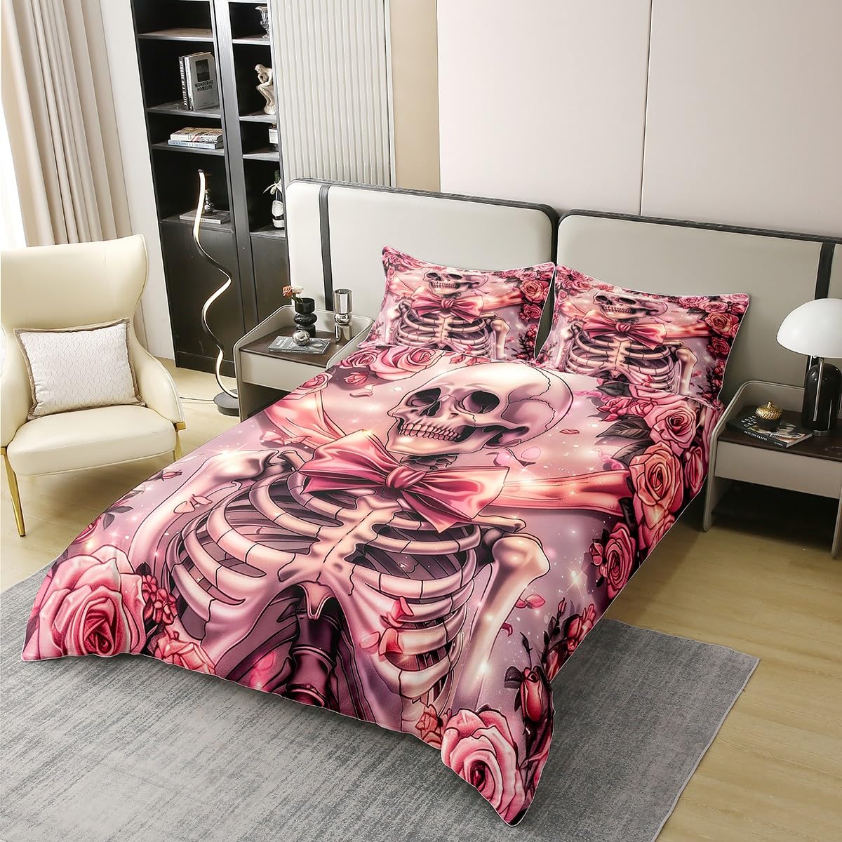 Homewish Różowa cukrowa czaszka bawełniana poszewka na kołdrę gotycki zestaw pościeli pojedyncze, romantyczne kwiaty róży poszewka na kołdrę boho horror tematyczny zestaw pościeli